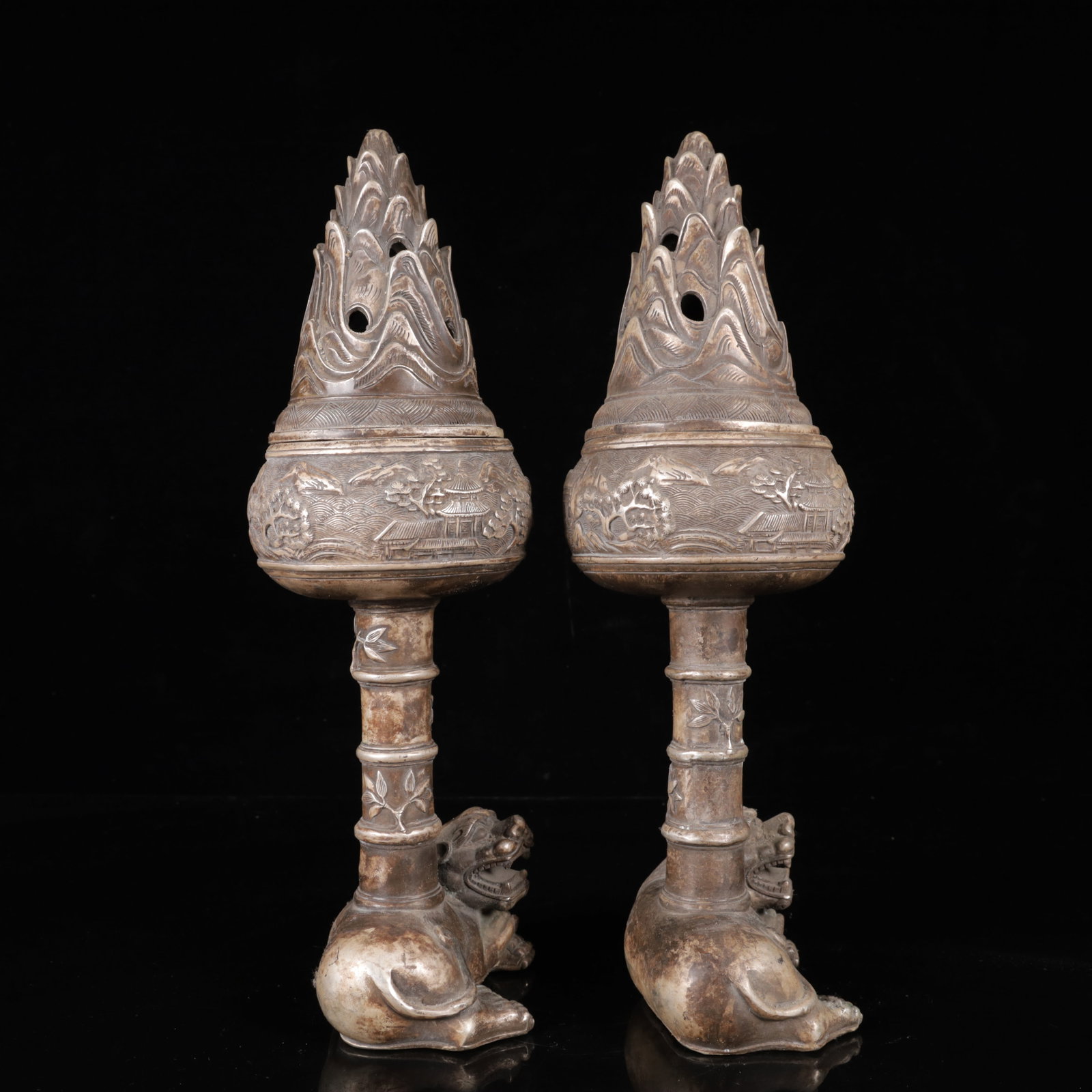 A Pair of Exquisite Silver-Plated Bronze Landscape Pattern Auspicious Beast Censers - 7