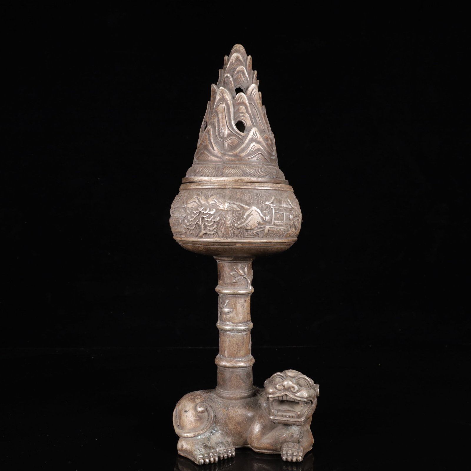 A Pair of Exquisite Silver-Plated Bronze Landscape Pattern Auspicious Beast Censers - 8