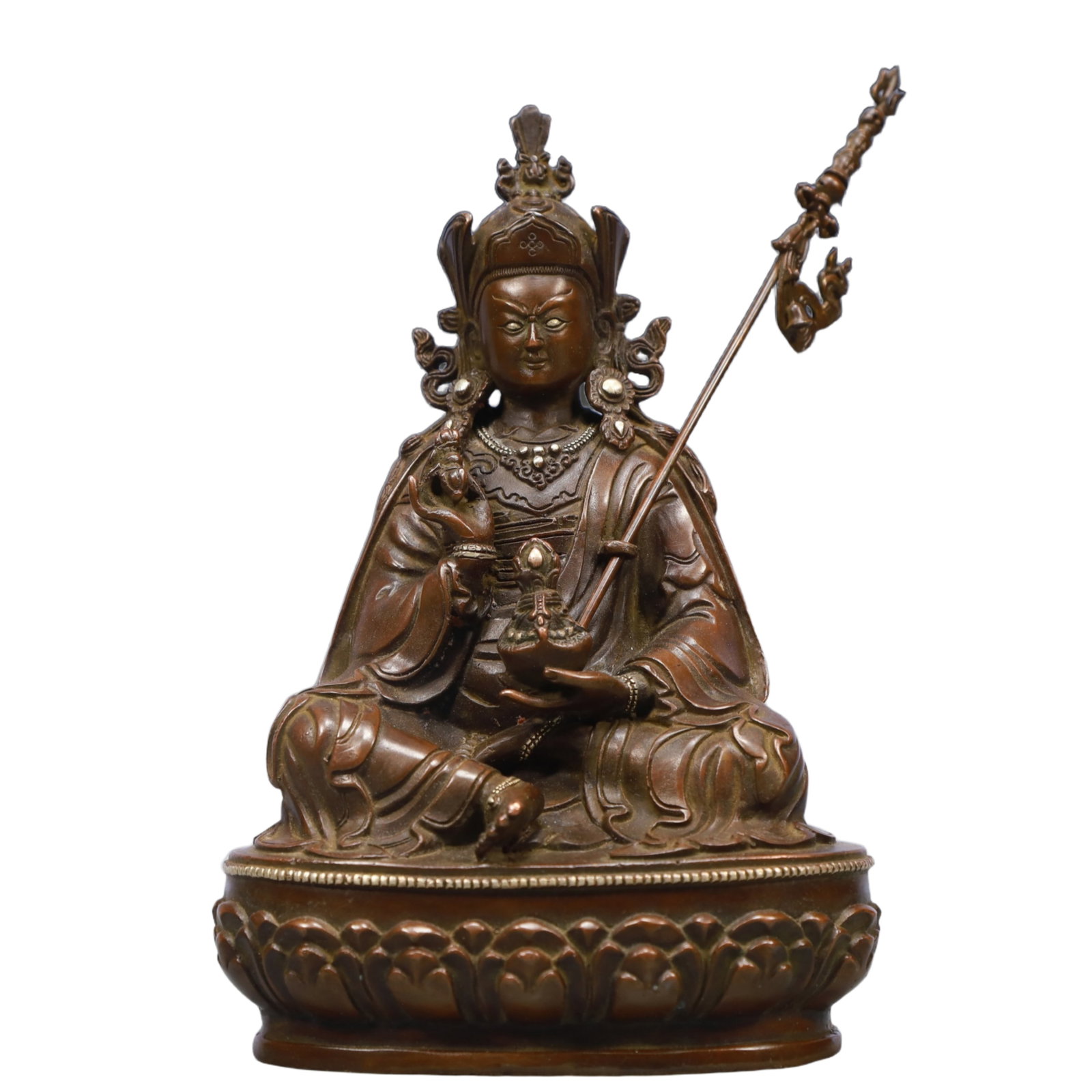 A Solemn Gilt Bronze Statue of Padma Sambhava: Estimated Value:4800-9600 A Solemn Gilt Bronze Statue of Padma Sambhava,Qing Dynasty, China,Size:5.1inx3.5inx7.9in,Weight:1300g
