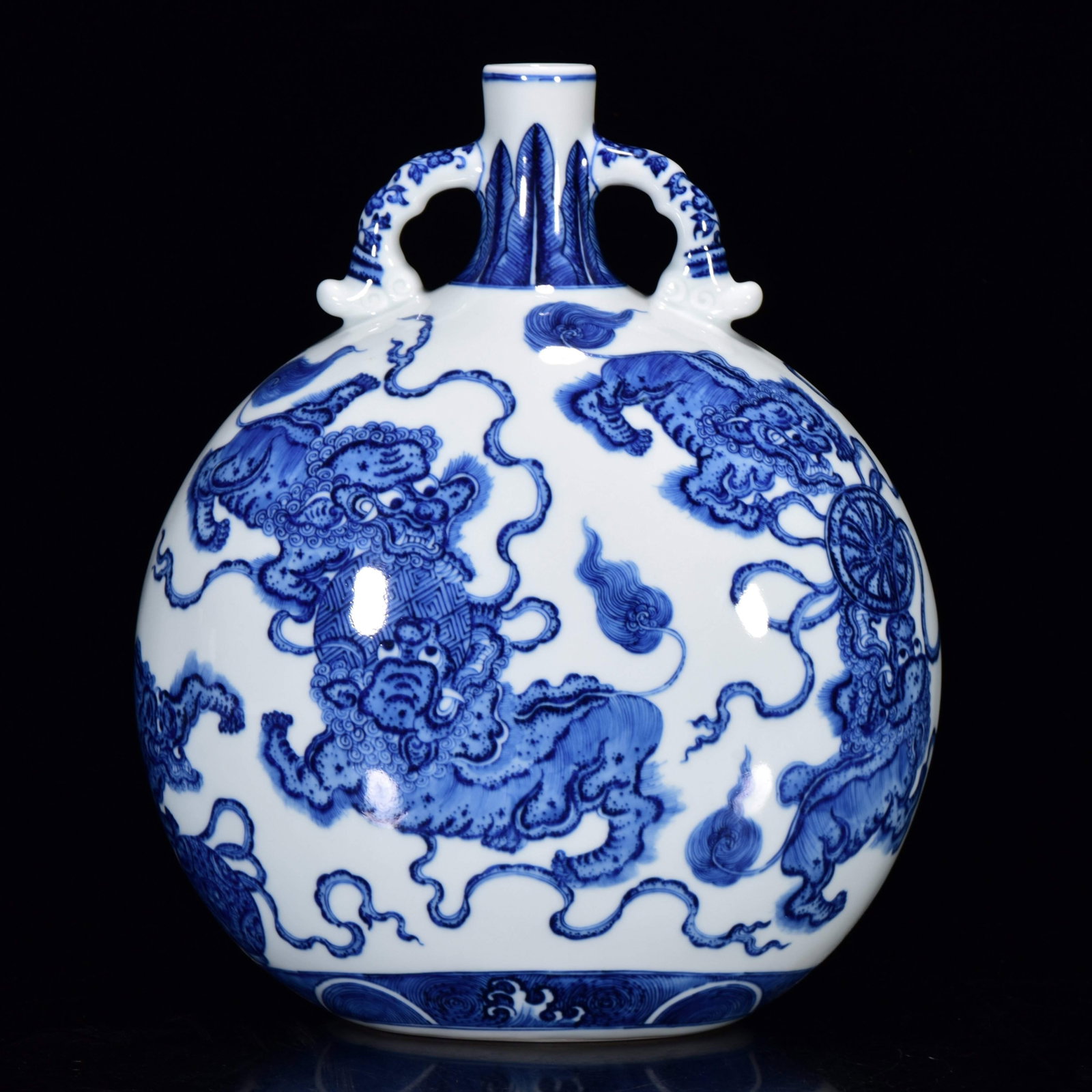 A Rare Blue and White Lion Pattern Double-Ears Vase: Estimated Value:2400-4800 A Rare Blue and White Lion Pattern Double-Ears Vase,Qing Dynasty, China,Yongzheng Six-character Mark,Size:12.2inx9.8in