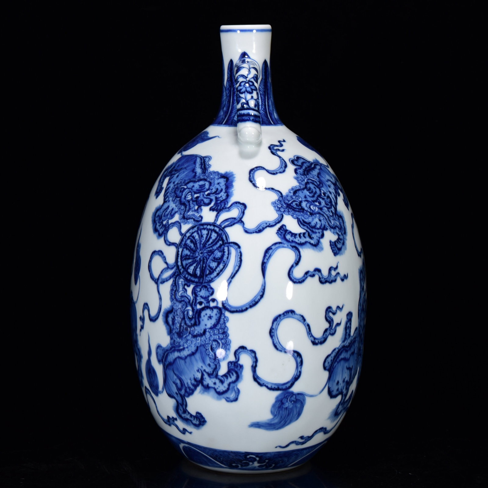 A Rare Blue and White Lion Pattern Double-Ears Vase - 2