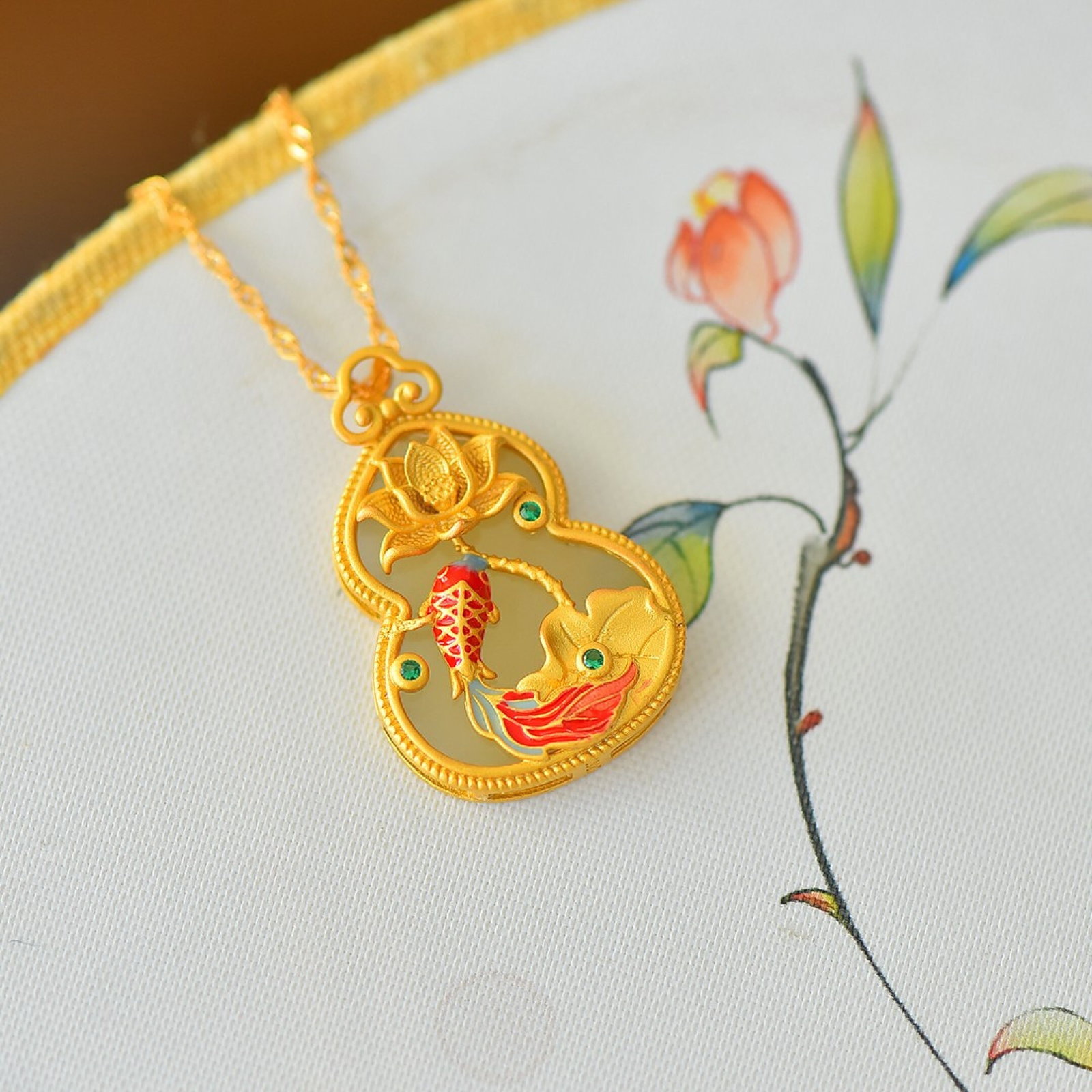 An Exquisite Sterling Silver-Gold Plated Inlaid White Jade Pendant - 3