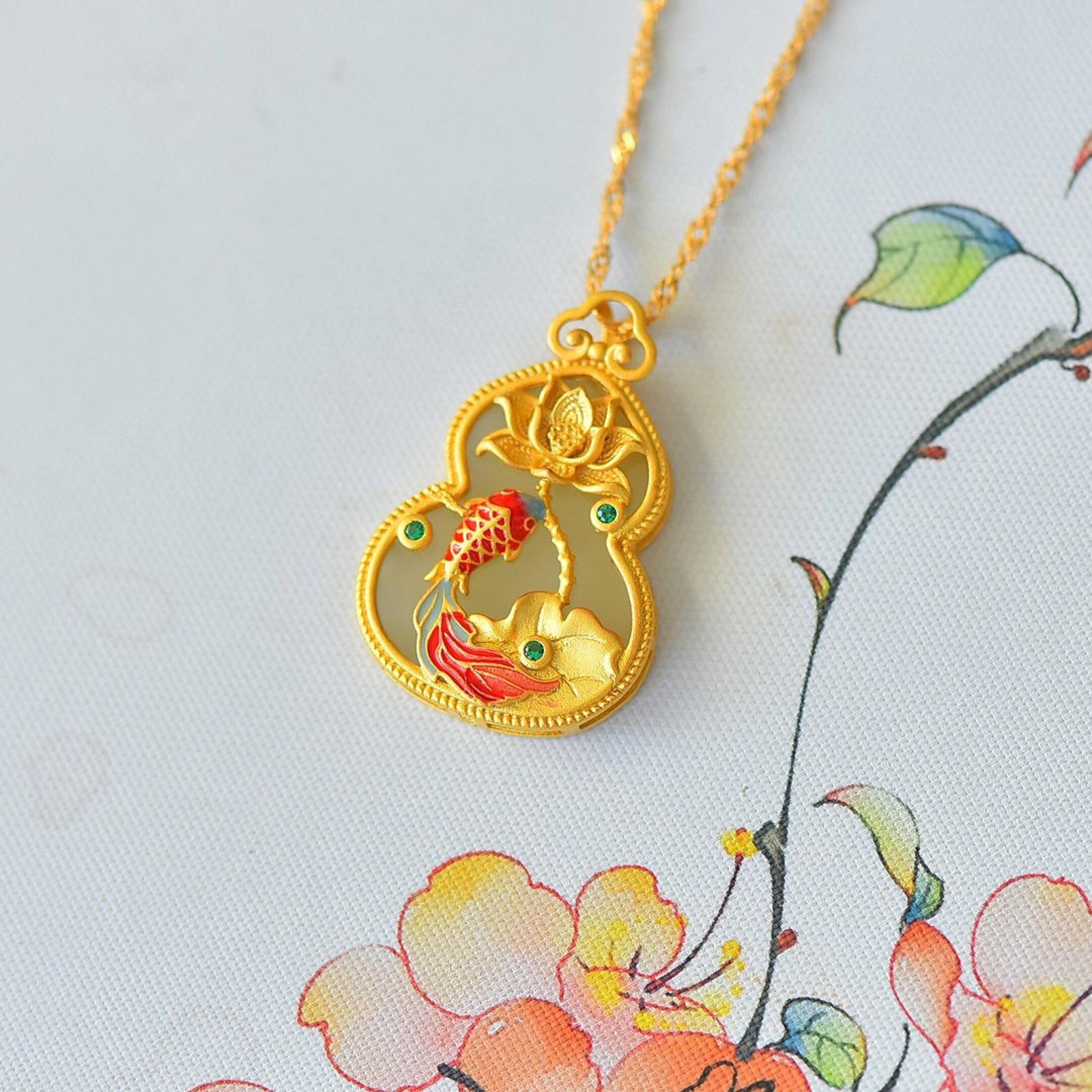 An Exquisite Sterling Silver-Gold Plated Inlaid White Jade Pendant - 4