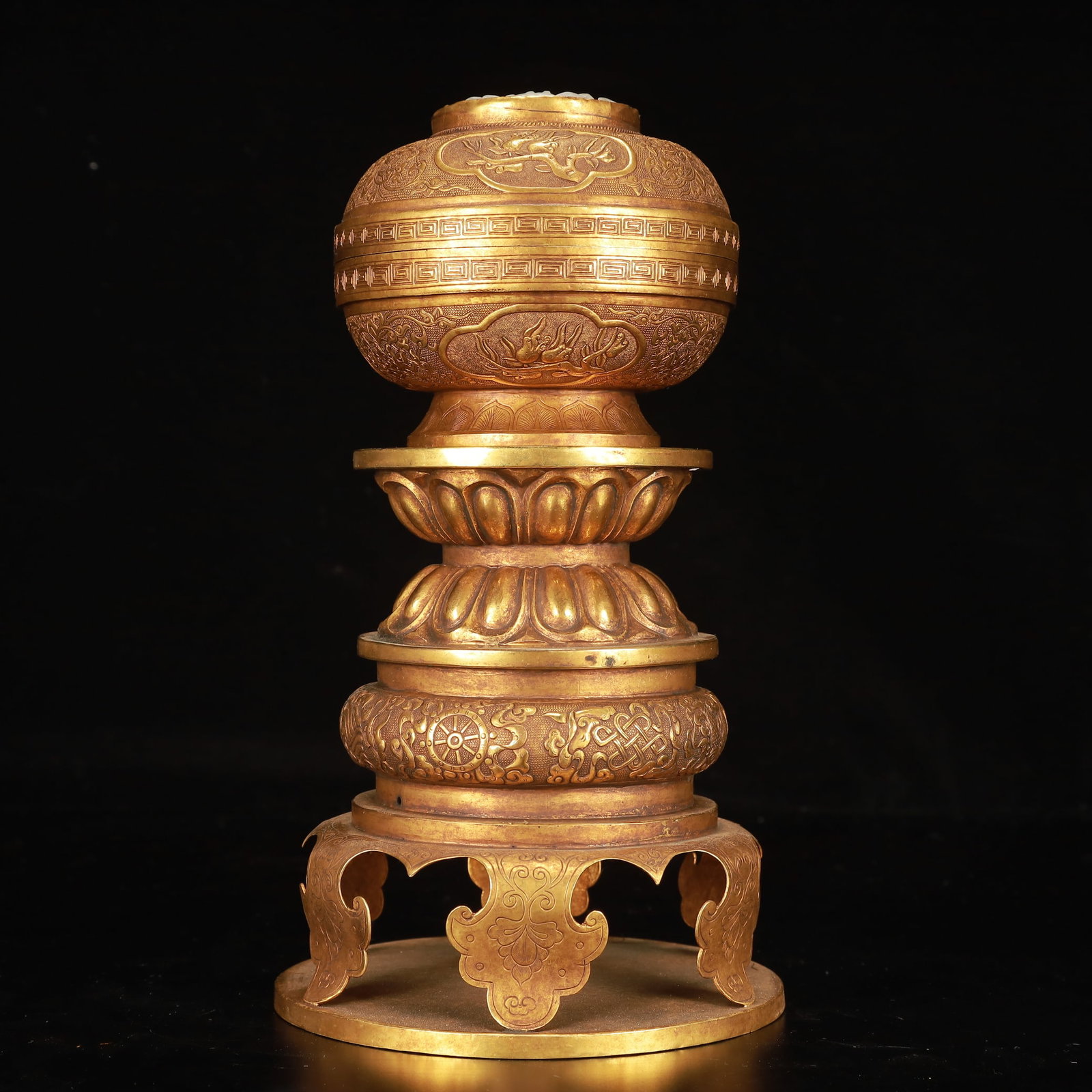 An Exquisite Gilt Bronze Flower Eight Treasures Pattern Censer: Estimated Value:3000-6000 An Exquisite Gilt Bronze Flower Eight Treasures Pattern Censer,Qing Dynasty, China,Size:5.5inx9.8in,Weight:1000g