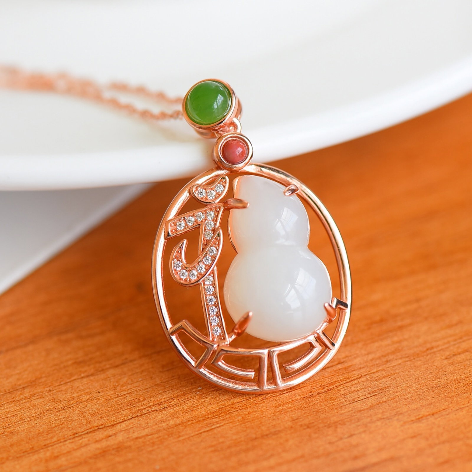 An Exquisite Sterling Silver-Gold Plated Inlaid White Jade Pendant,Inlaid Jasper and Gems - 2