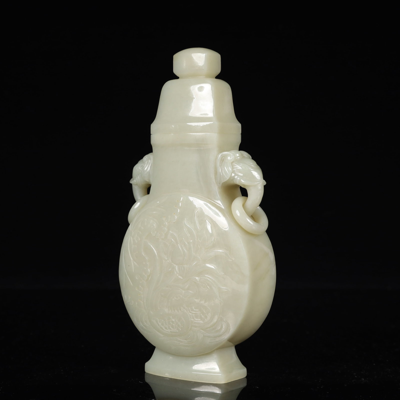 An Exquisite White Jade Flower and Bird Pattern Elephant-Ears Bottle - 4