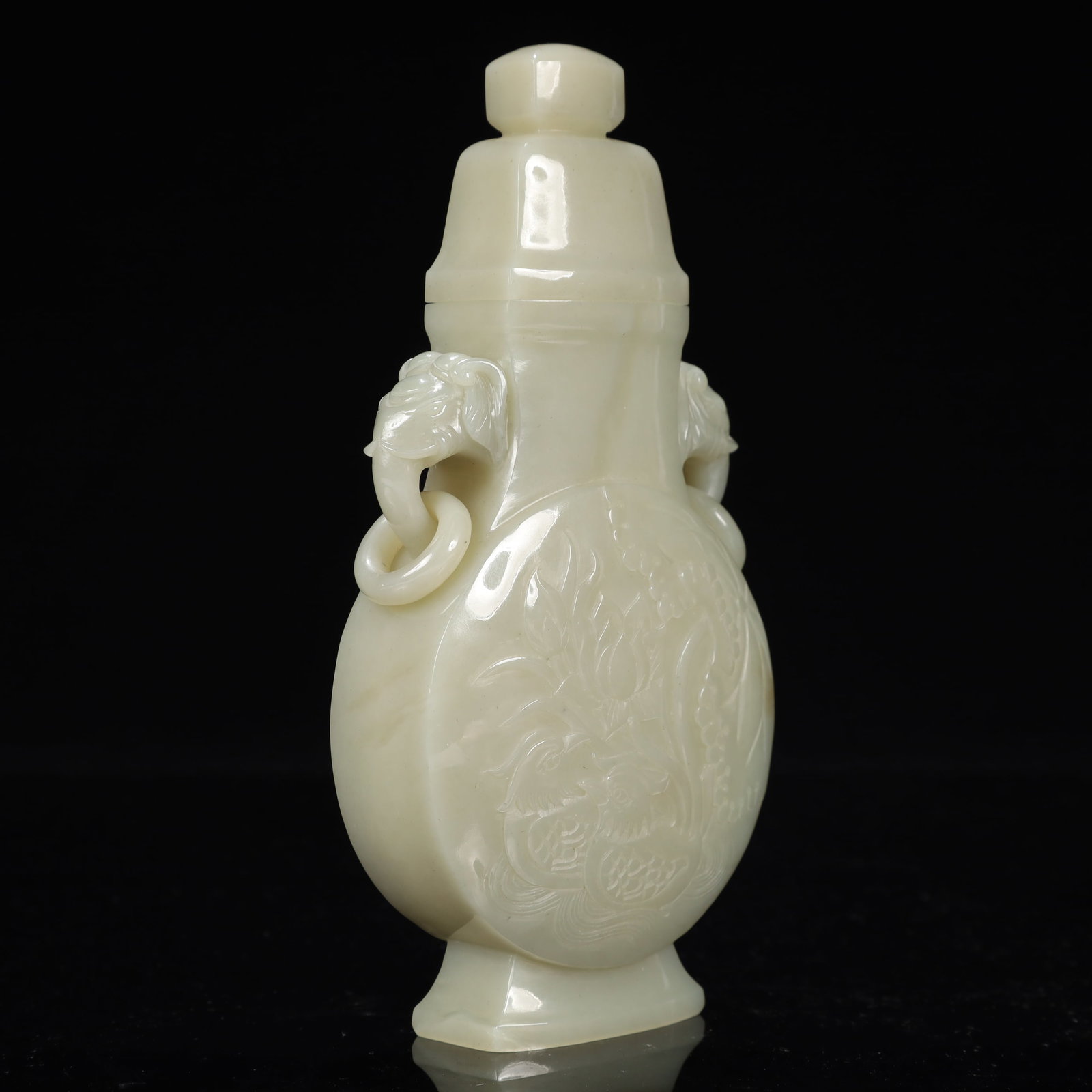 An Exquisite White Jade Flower and Bird Pattern Elephant-Ears Bottle - 7