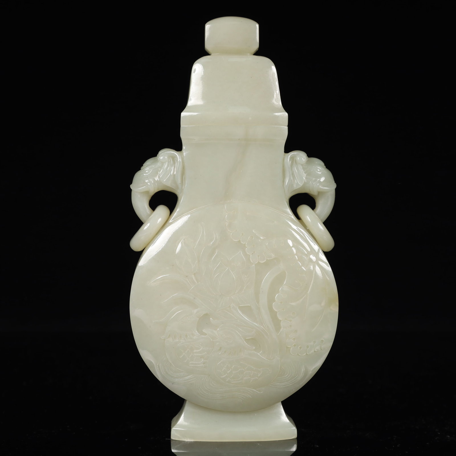 An Exquisite White Jade Flower and Bird Pattern Elephant-Ears Bottle - 8