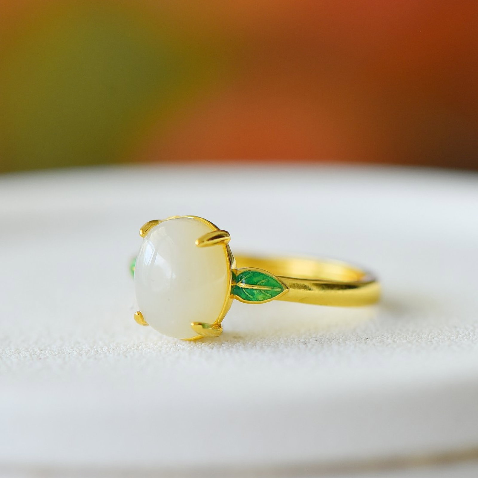 An Exquisite Sterling Silver-Gold Plated Inlaid White Jade Ring - 2