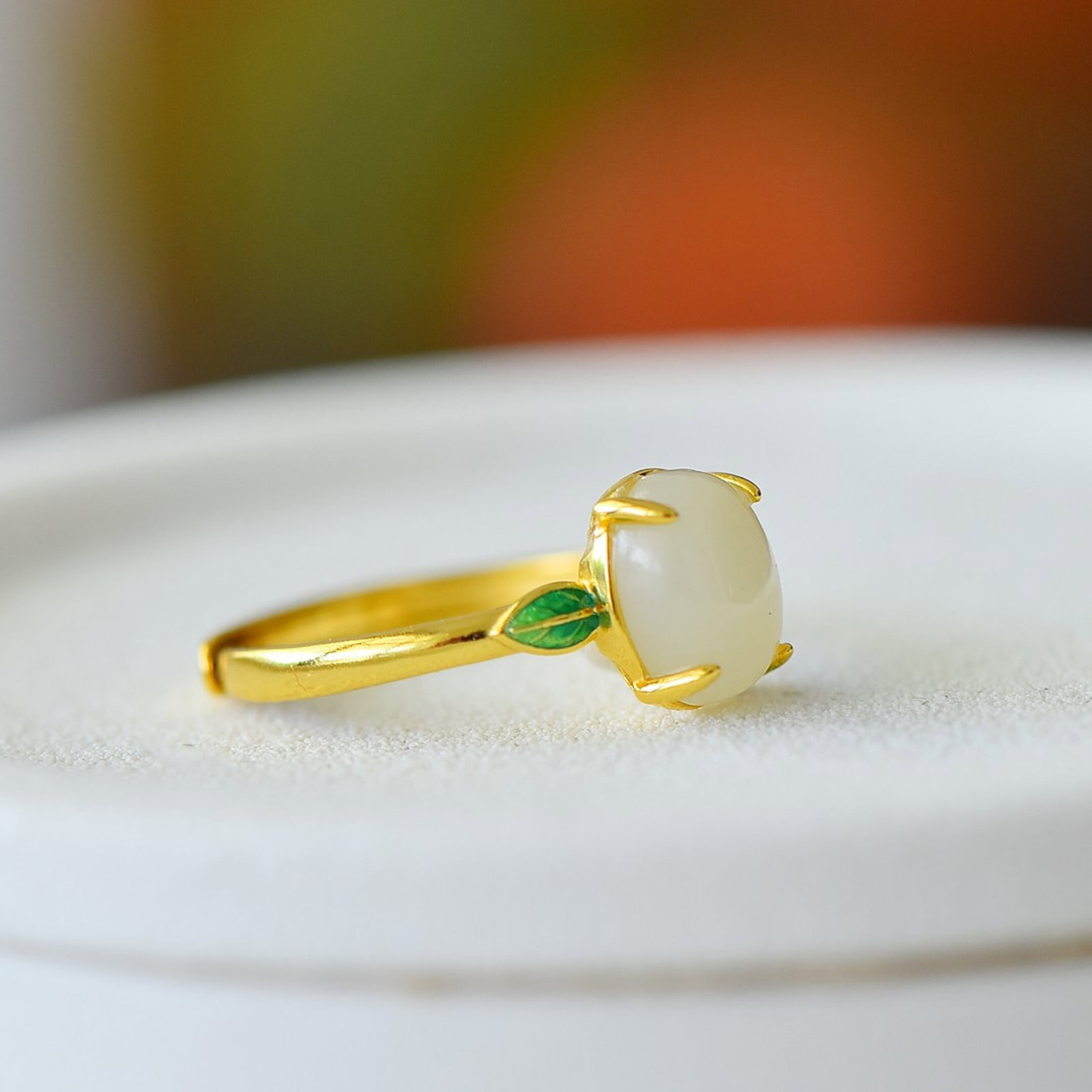 An Exquisite Sterling Silver-Gold Plated Inlaid White Jade Ring - 3