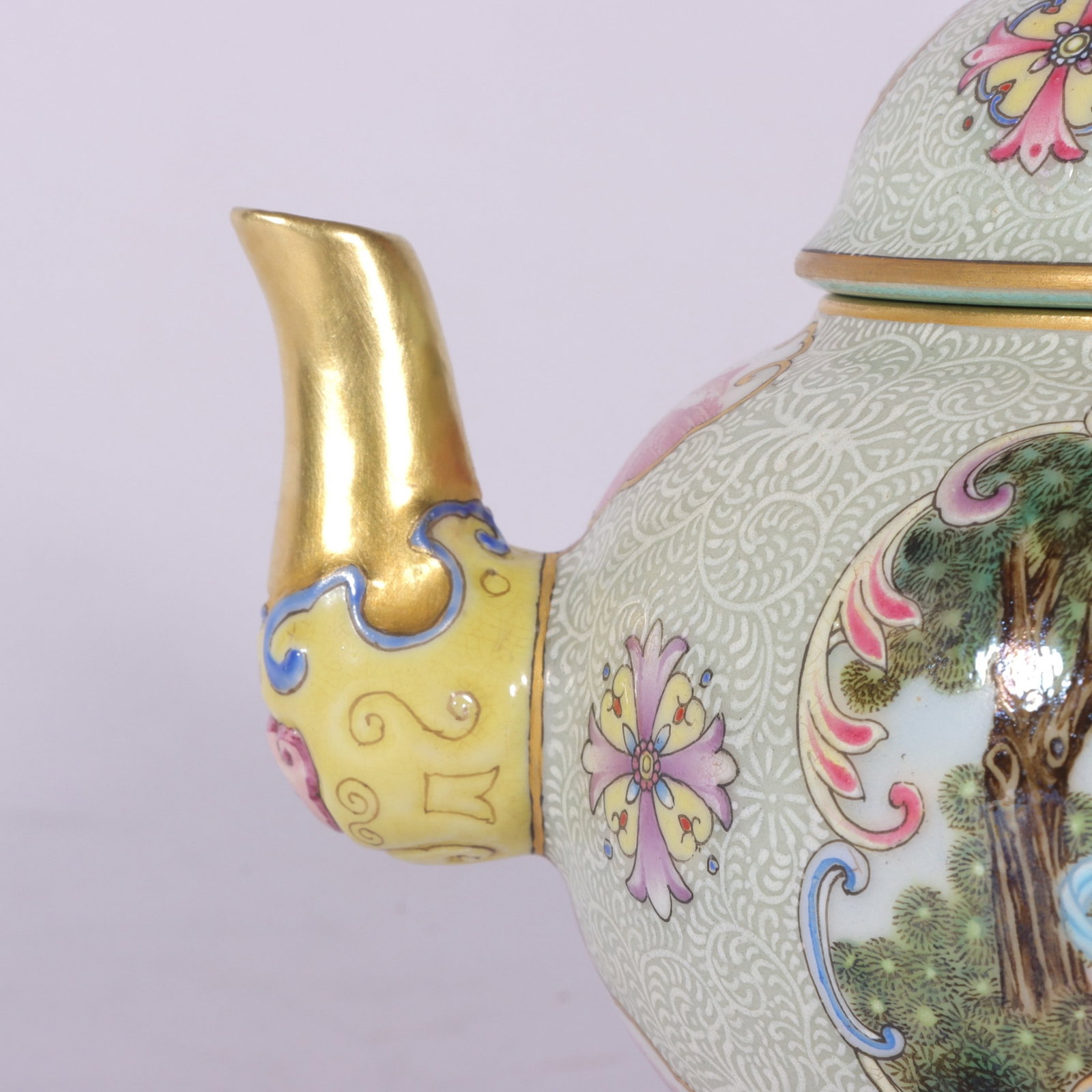 An Exquisite Enamel White Ground Painted Gold Flower and Figure Pattern Teapot - 2