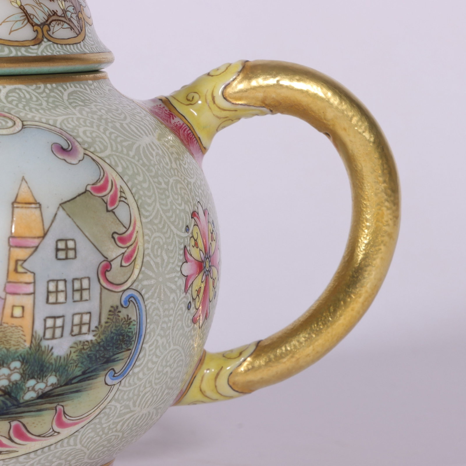 An Exquisite Enamel White Ground Painted Gold Flower and Figure Pattern Teapot - 4