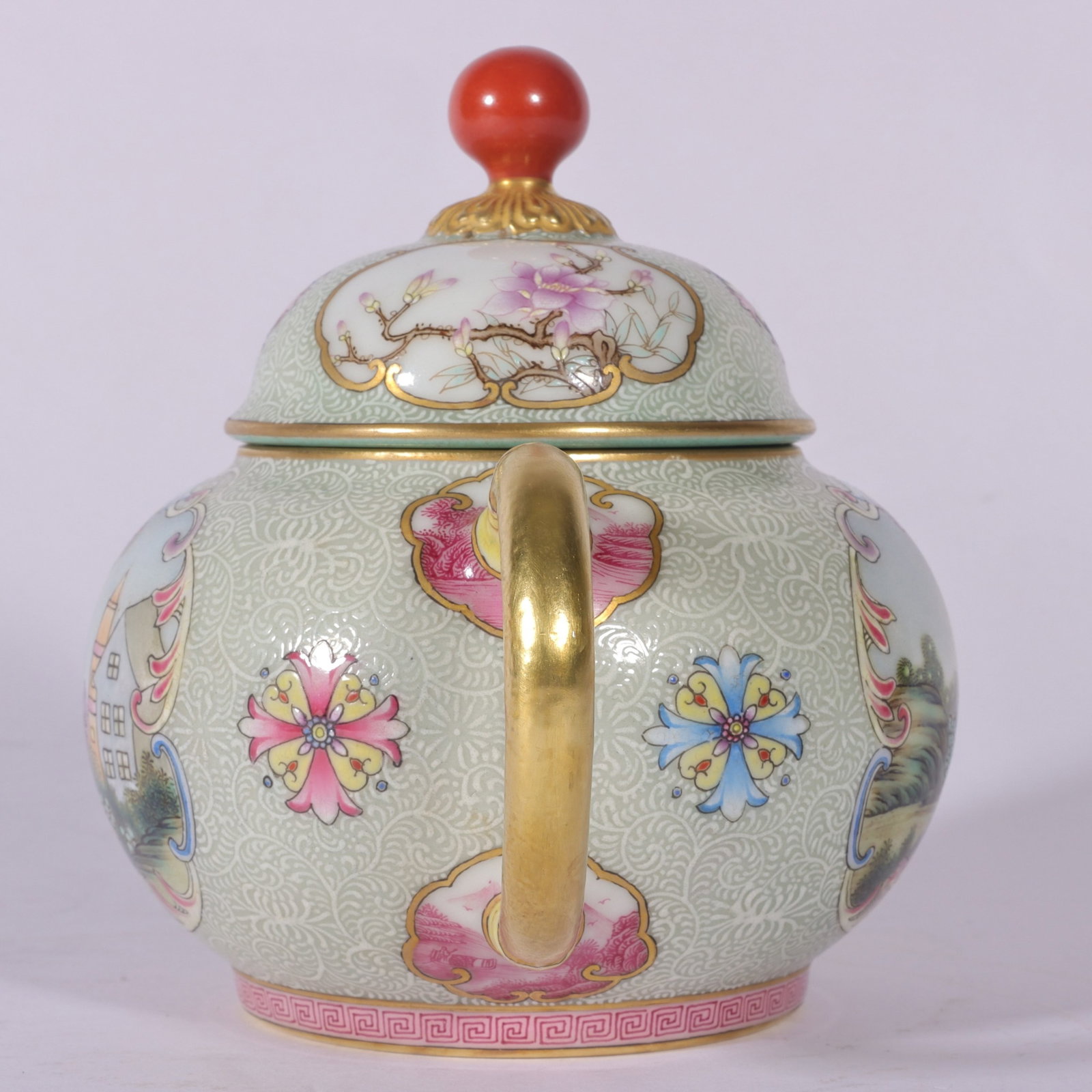 An Exquisite Enamel White Ground Painted Gold Flower and Figure Pattern Teapot - 5