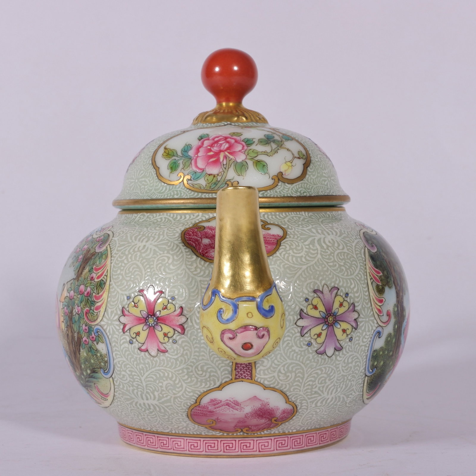 An Exquisite Enamel White Ground Painted Gold Flower and Figure Pattern Teapot - 7