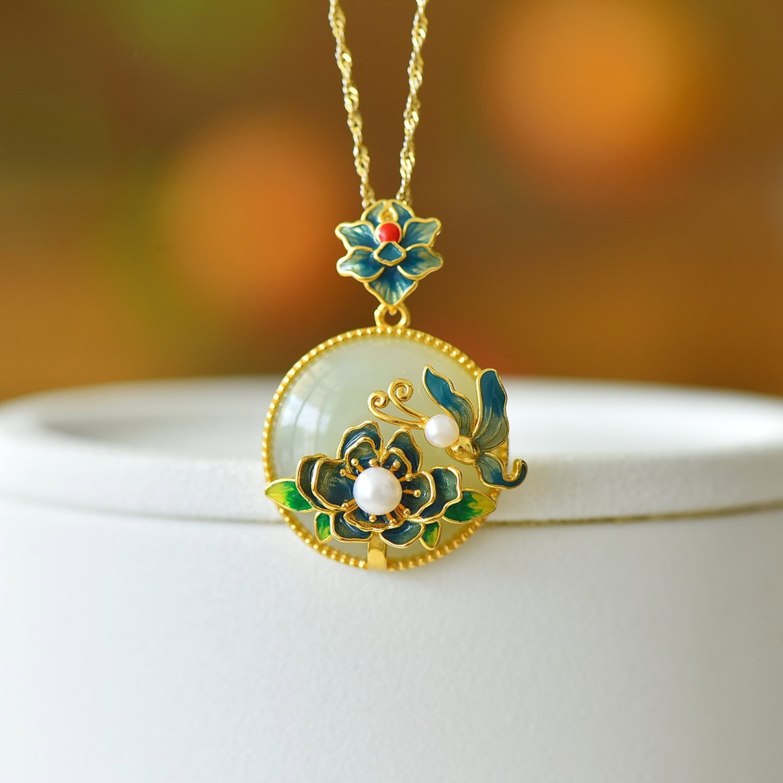 A Set of Fine Sterling Silver-Gold Plated Inlaid White Jade Jewelrys,Inlaid Pearls - 2