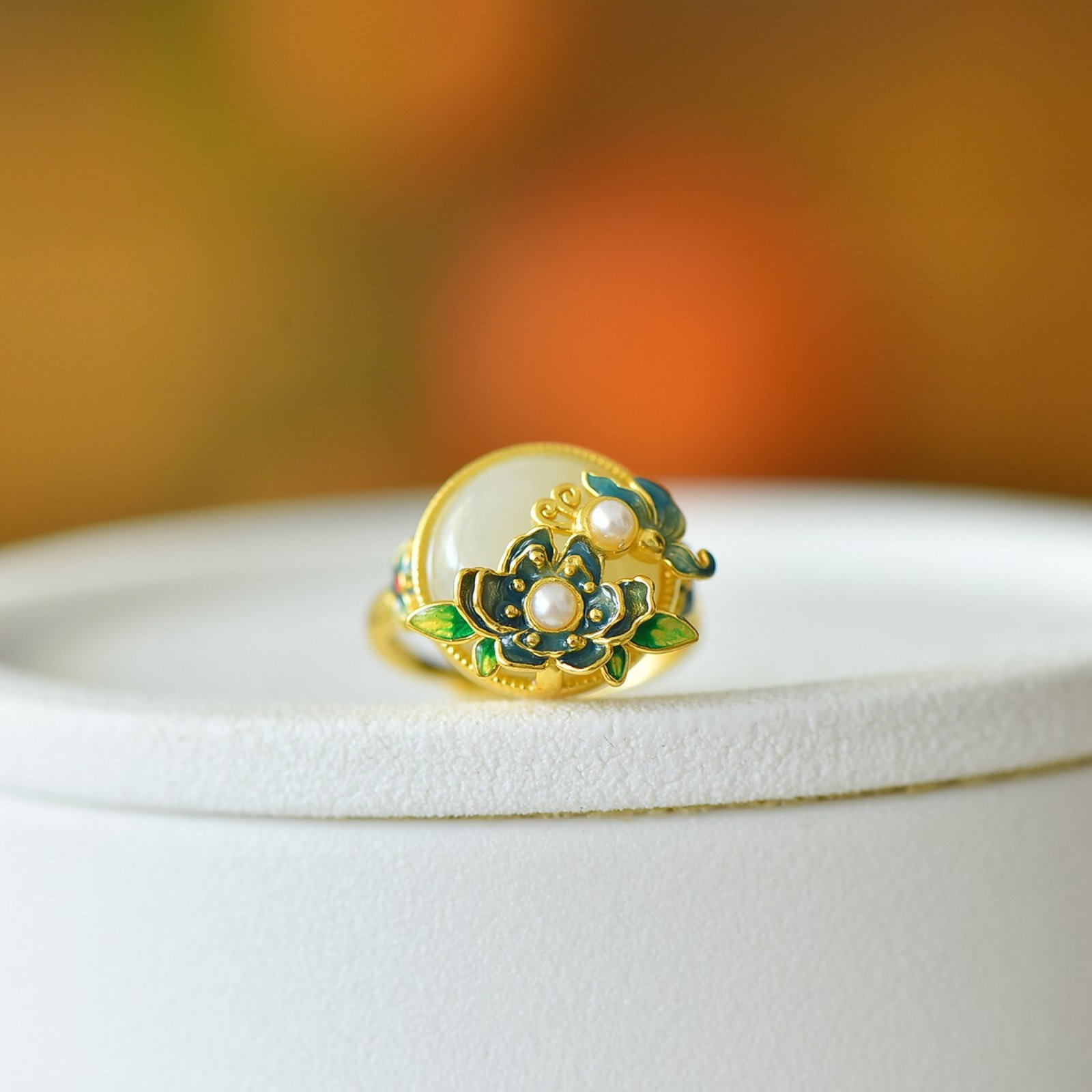 A Set of Fine Sterling Silver-Gold Plated Inlaid White Jade Jewelrys,Inlaid Pearls - 3