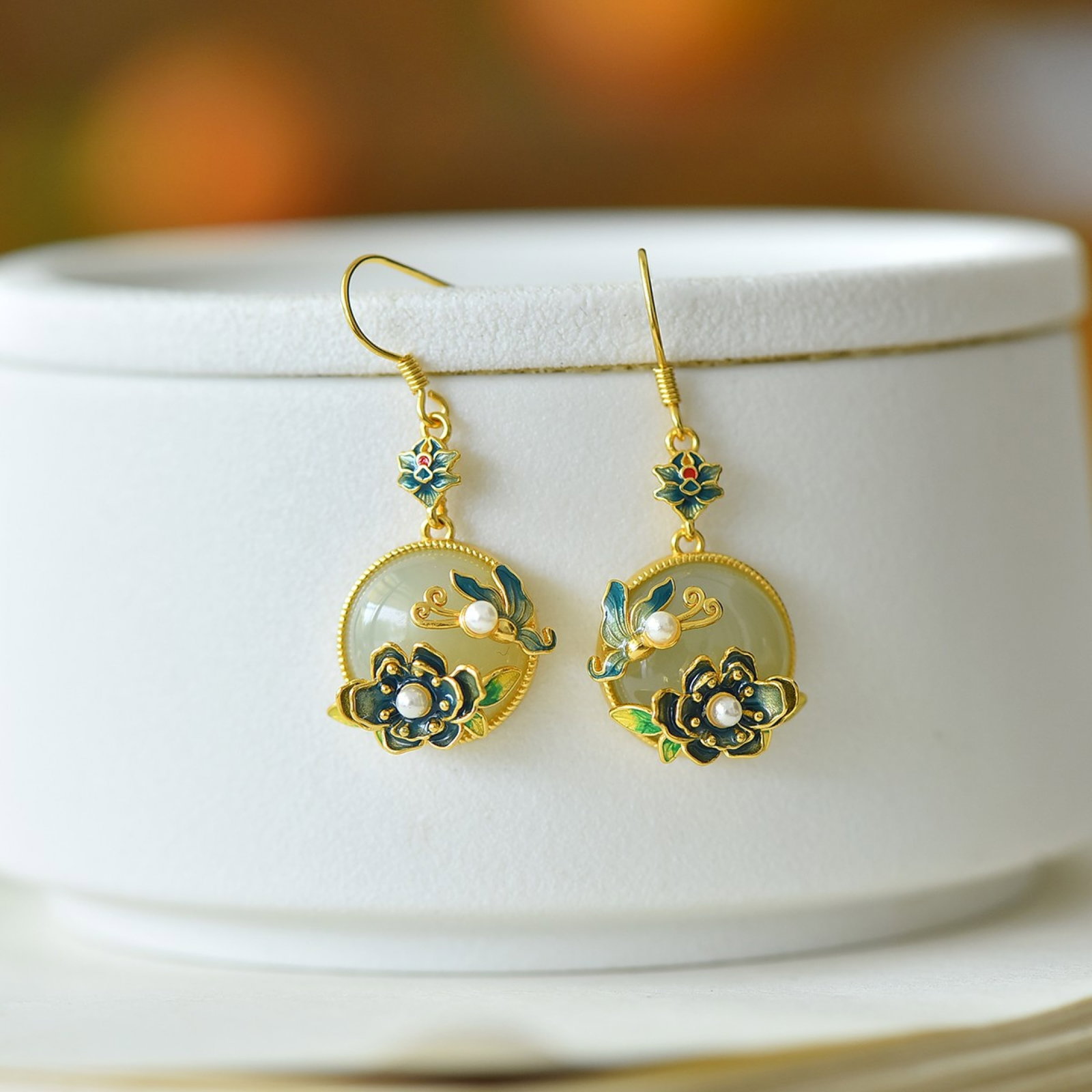 A Set of Fine Sterling Silver-Gold Plated Inlaid White Jade Jewelrys,Inlaid Pearls - 4