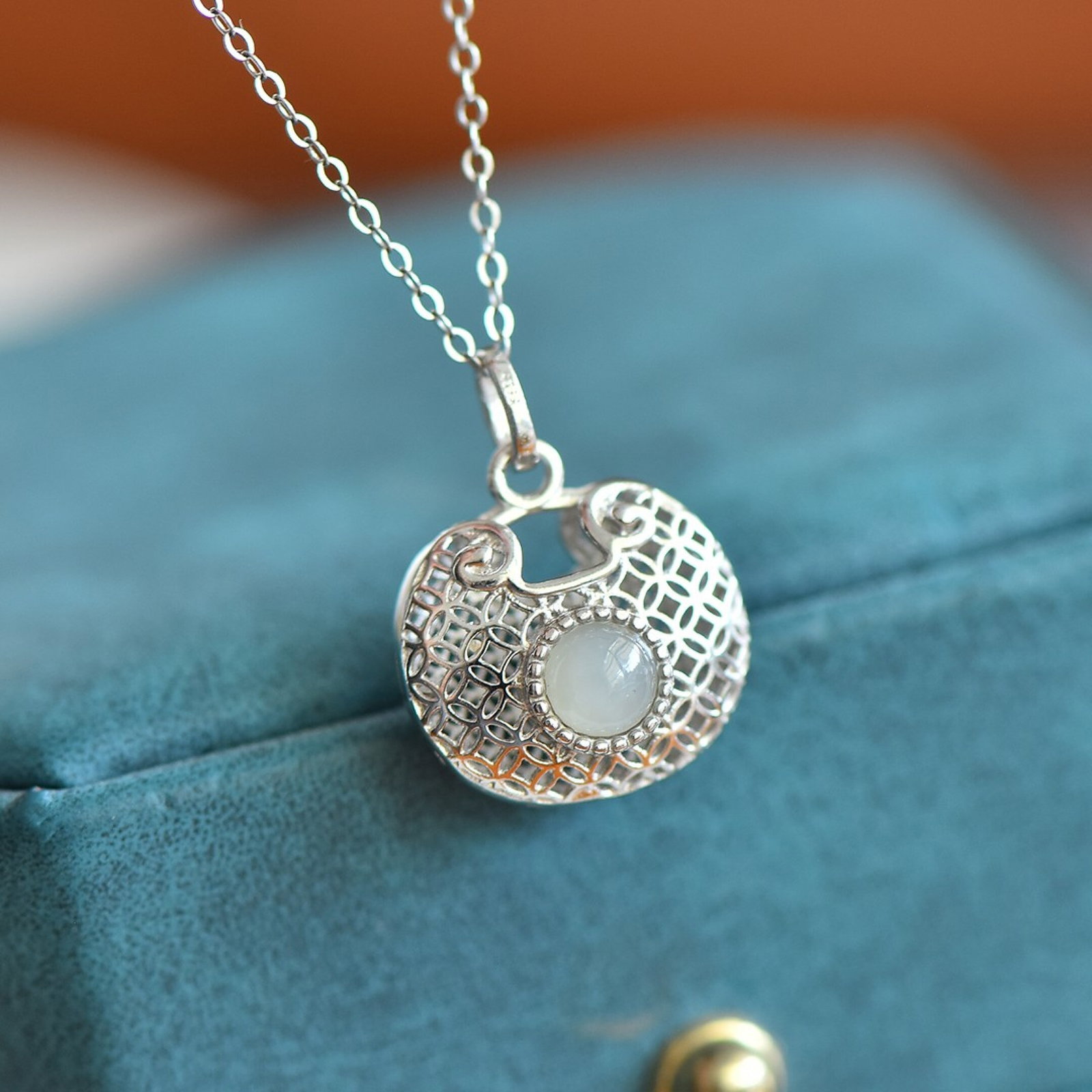 An Exquisite Sterling Silver Inlaid White Jade Pendant - 2