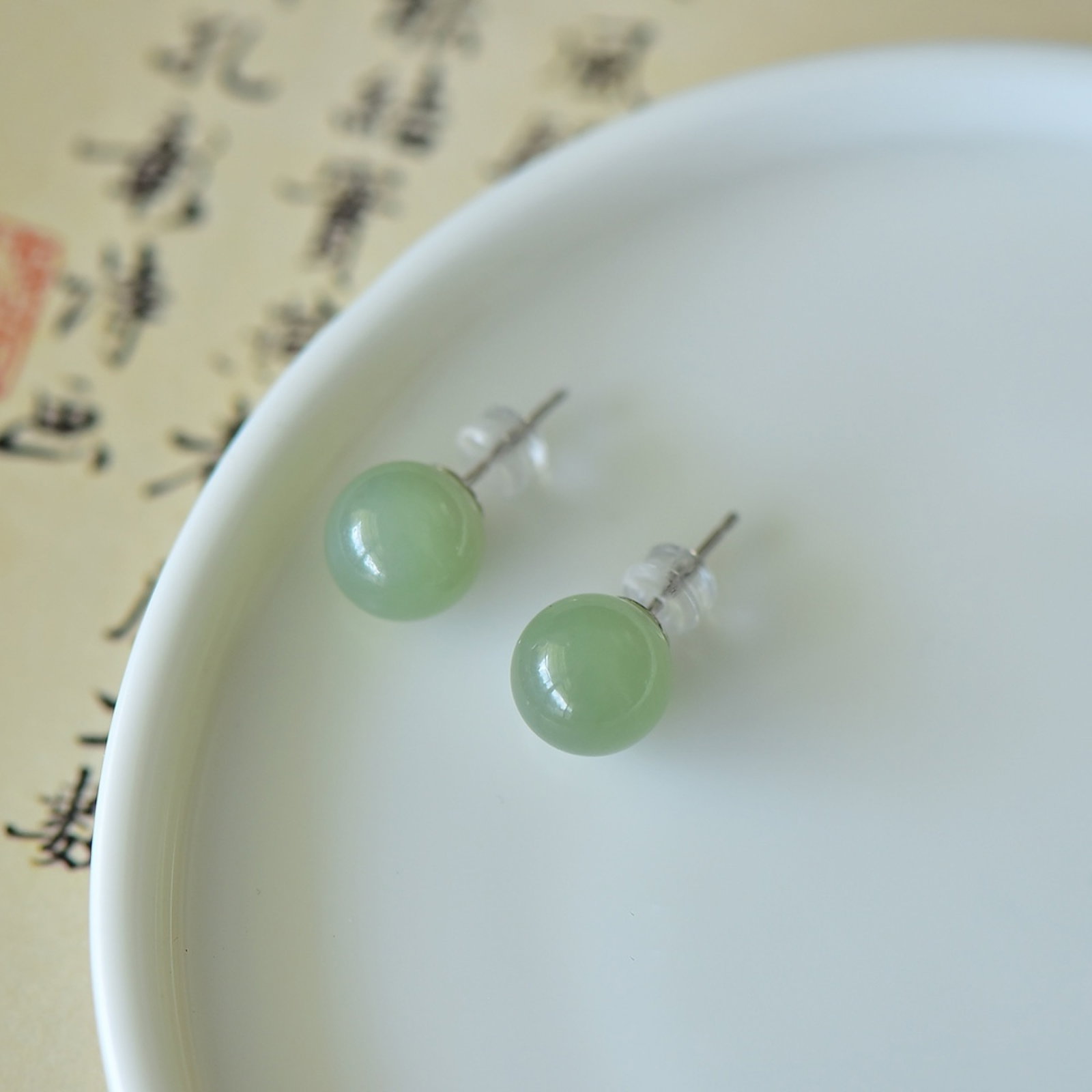 A Pair of Exquisite Sterling Silver Inlaid Greenish Jade Earrings - 2