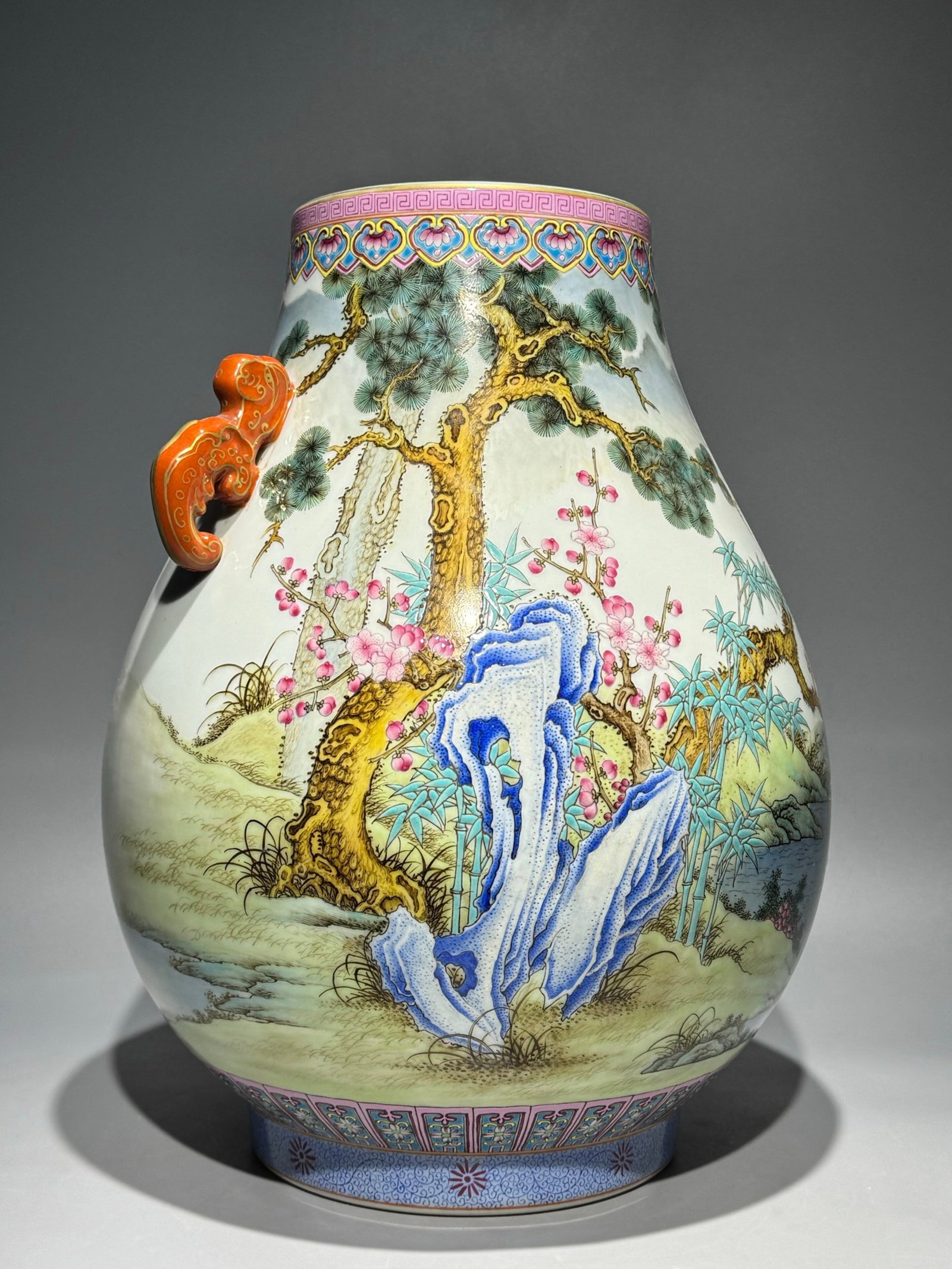 A Rare Famille-Rose Painted Gold Pine,Bamboo and Plum Blossom Pattern Double-Ears Vase,With Poem - 2