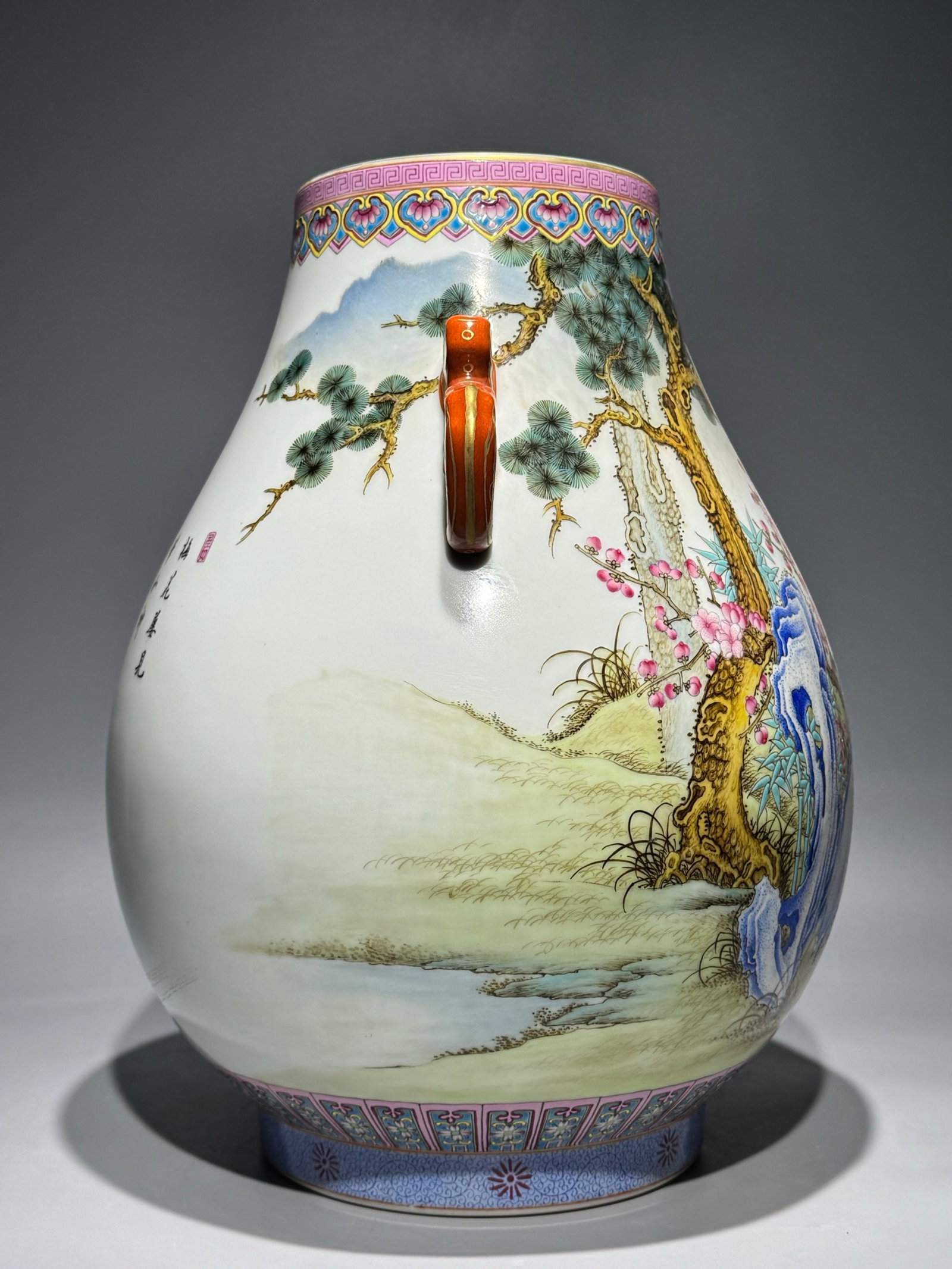 A Rare Famille-Rose Painted Gold Pine,Bamboo and Plum Blossom Pattern Double-Ears Vase,With Poem - 3