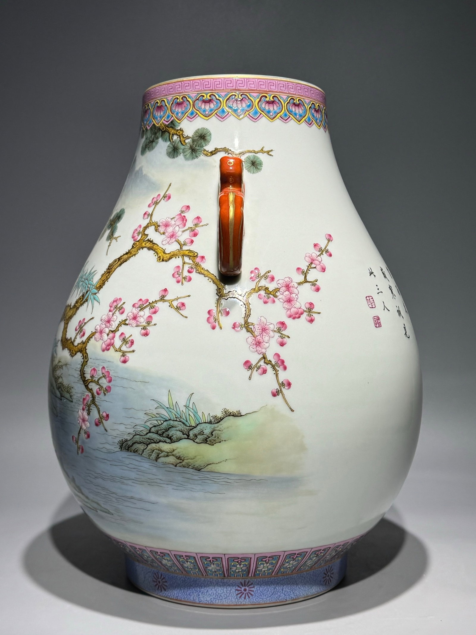 A Rare Famille-Rose Painted Gold Pine,Bamboo and Plum Blossom Pattern Double-Ears Vase,With Poem - 5