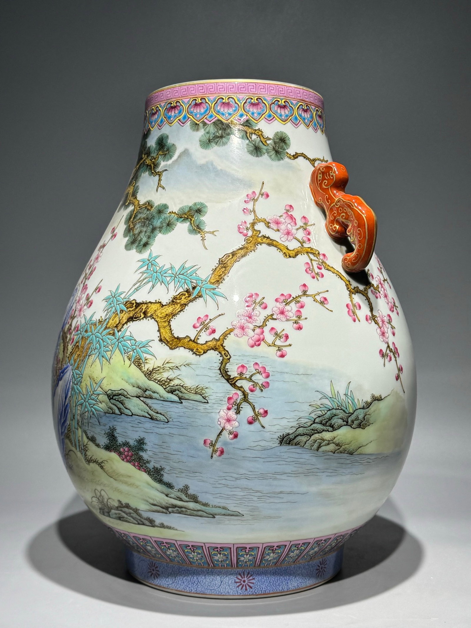 A Rare Famille-Rose Painted Gold Pine,Bamboo and Plum Blossom Pattern Double-Ears Vase,With Poem - 6