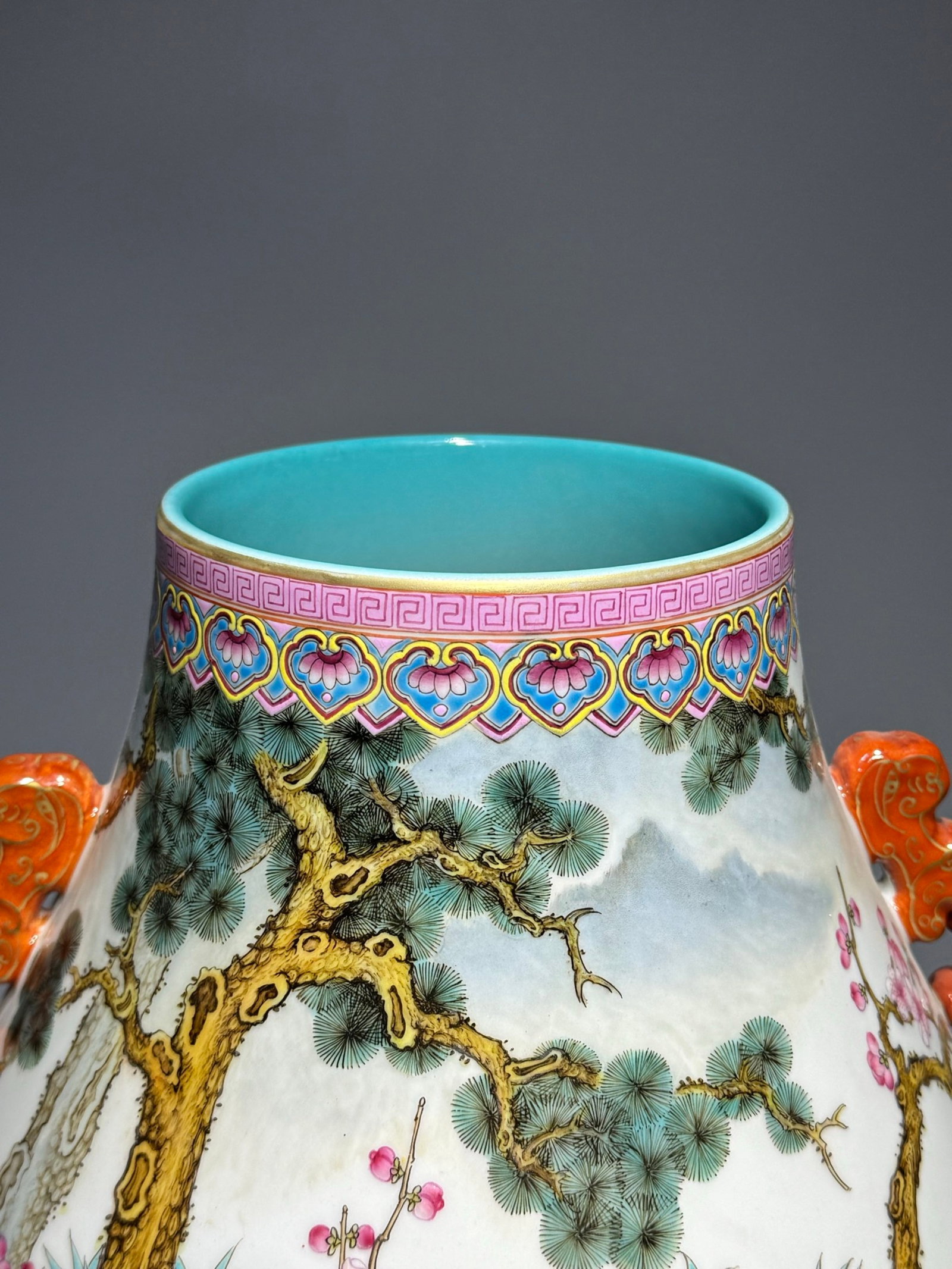 A Rare Famille-Rose Painted Gold Pine,Bamboo and Plum Blossom Pattern Double-Ears Vase,With Poem - 7