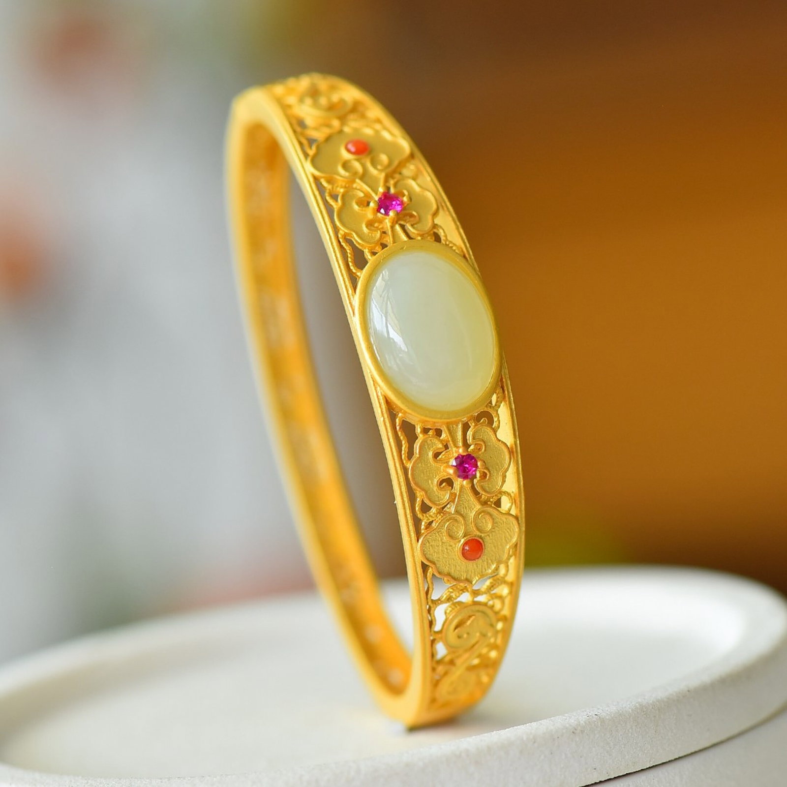 An Exquisite Sterling Silver-Gold Plated Inlaid White Jade Bracelet - 2
