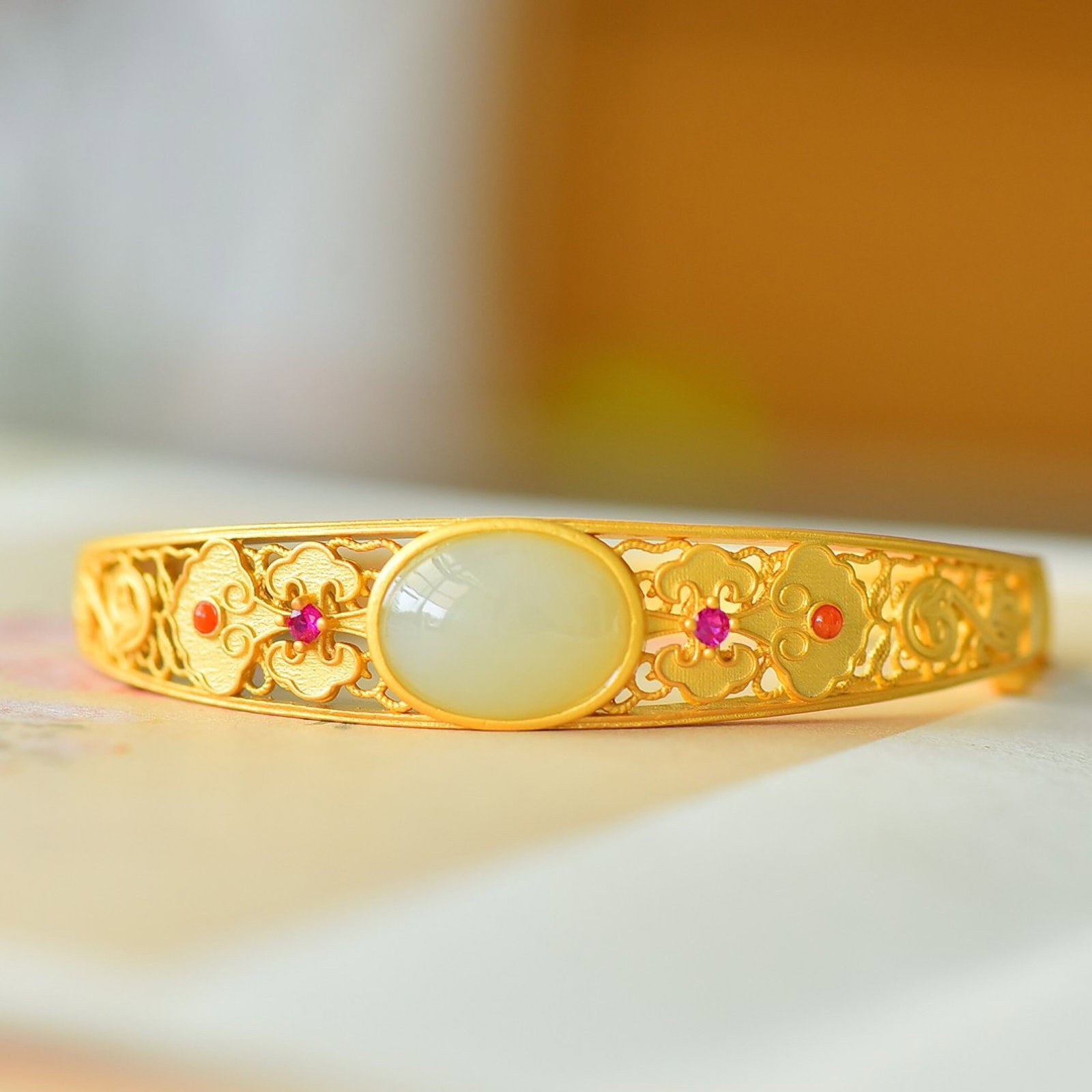 An Exquisite Sterling Silver-Gold Plated Inlaid White Jade Bracelet - 3
