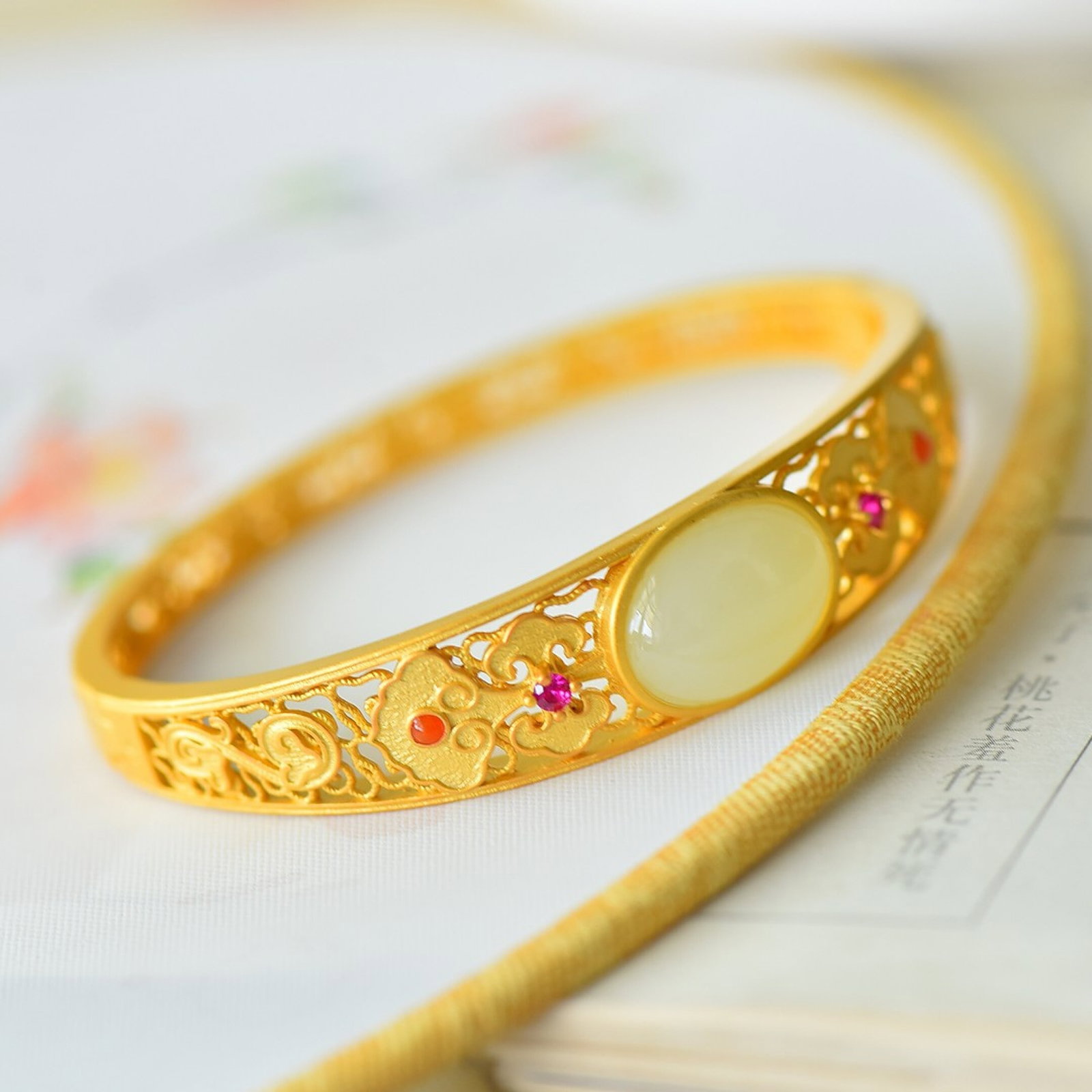 An Exquisite Sterling Silver-Gold Plated Inlaid White Jade Bracelet - 4