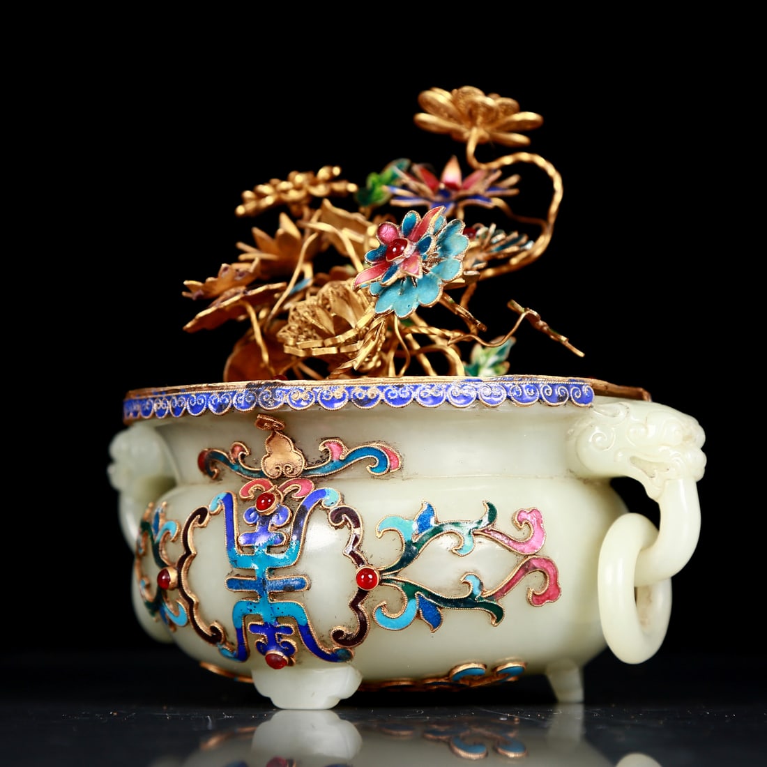 An exquisite white jade-covered silver-gilt flower pot with double ears - 2