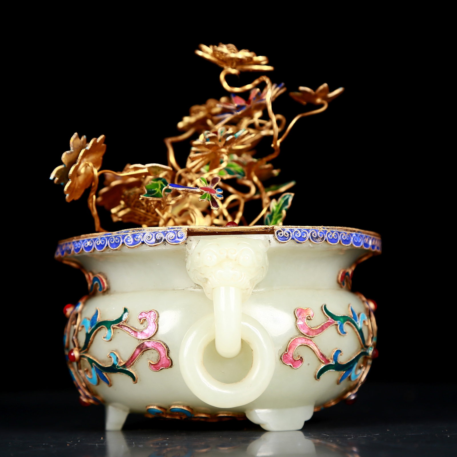 An exquisite white jade-covered silver-gilt flower pot with double ears - 3