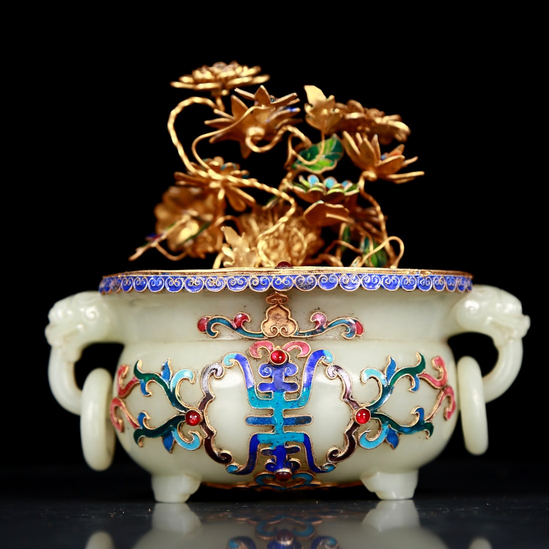 An exquisite white jade-covered silver-gilt flower pot with double ears - 4