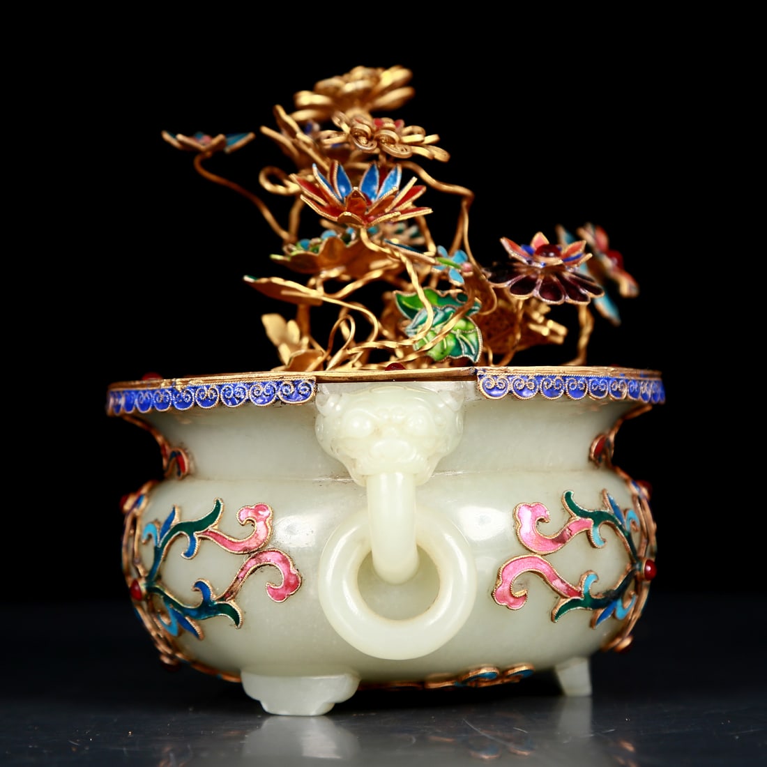An exquisite white jade-covered silver-gilt flower pot with double ears - 5