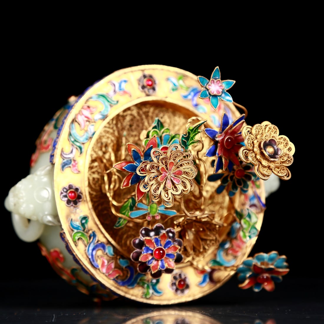 An exquisite white jade-covered silver-gilt flower pot with double ears - 6