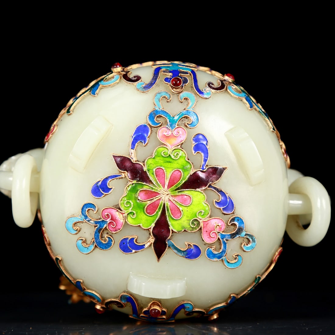 An exquisite white jade-covered silver-gilt flower pot with double ears - 7