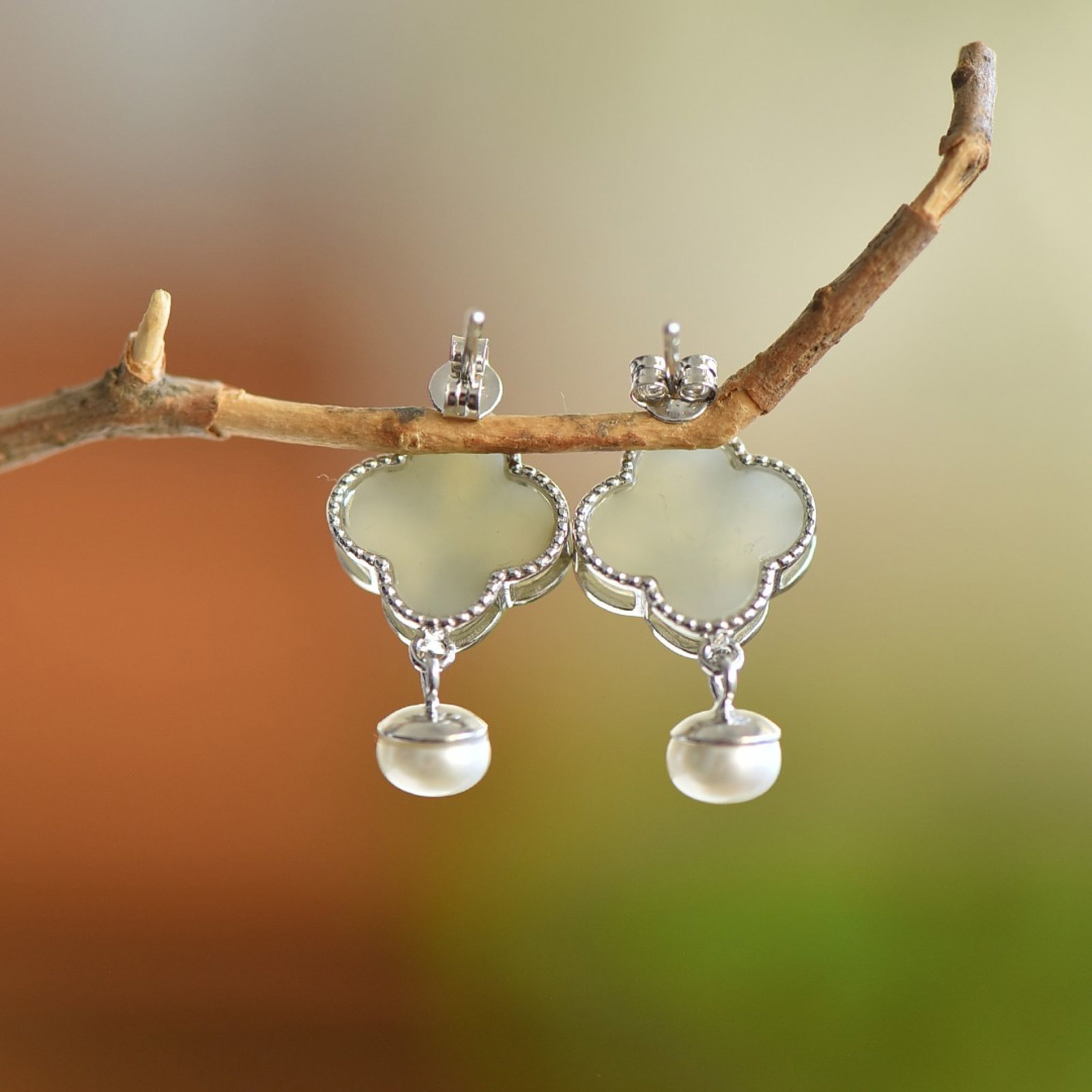 A Pair of Exquisite Sterling Silver Inlaid White Jade Earrings,Inlaid Pearls - 5
