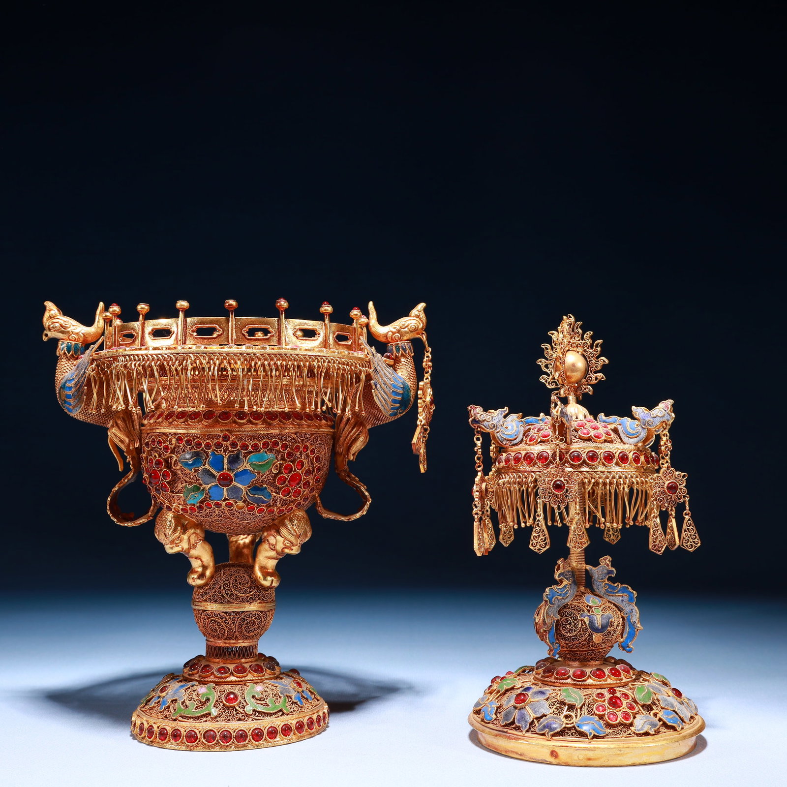 An Exquisite Filigree and Gilding Flower Pattern Double-Ears Ornament,Inlaid Gems - 10