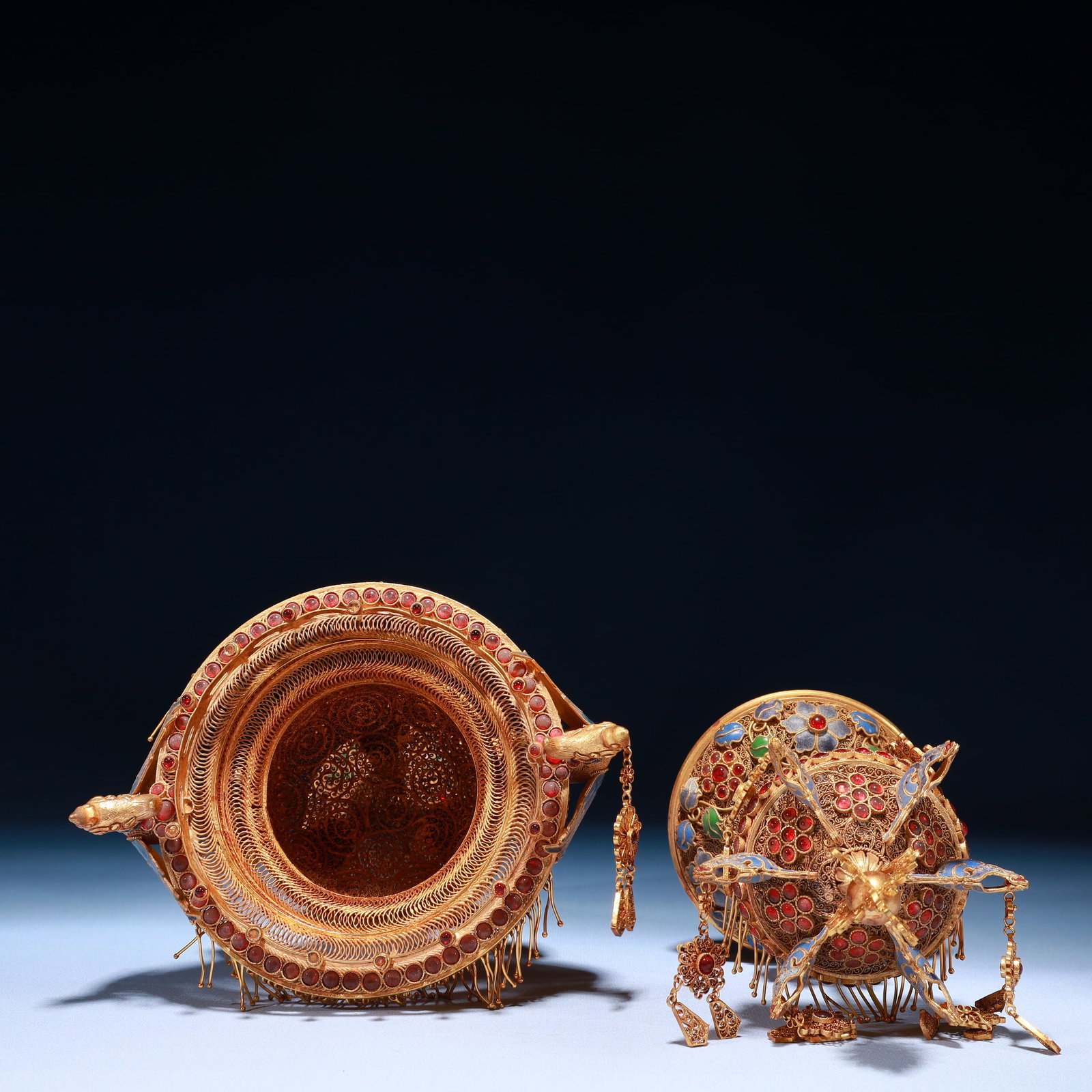 An Exquisite Filigree and Gilding Flower Pattern Double-Ears Ornament,Inlaid Gems - 11
