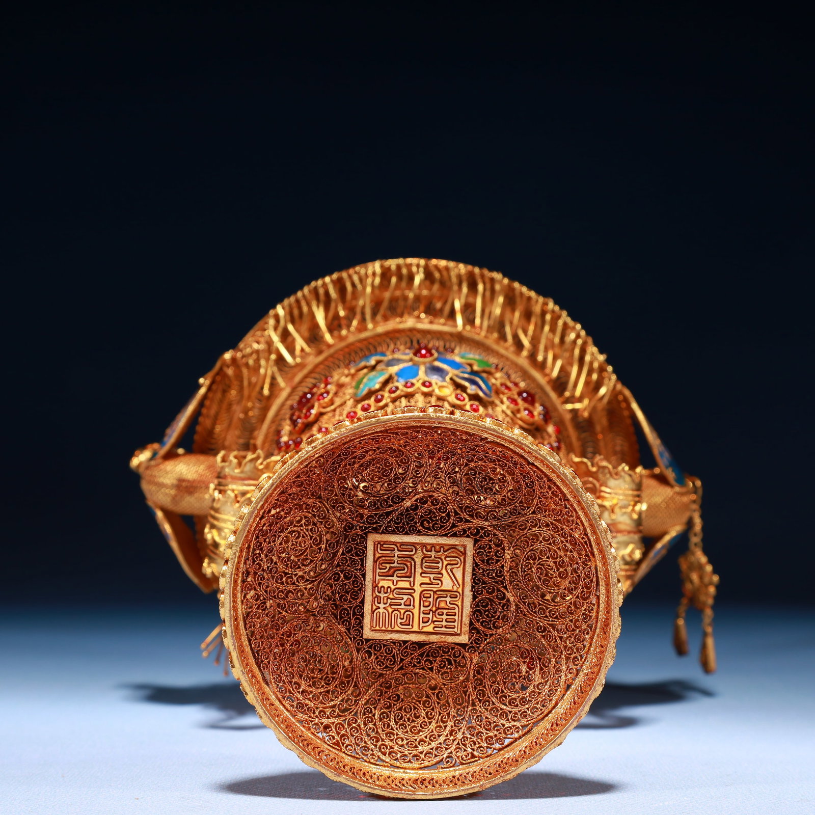 An Exquisite Filigree and Gilding Flower Pattern Double-Ears Ornament,Inlaid Gems - 12