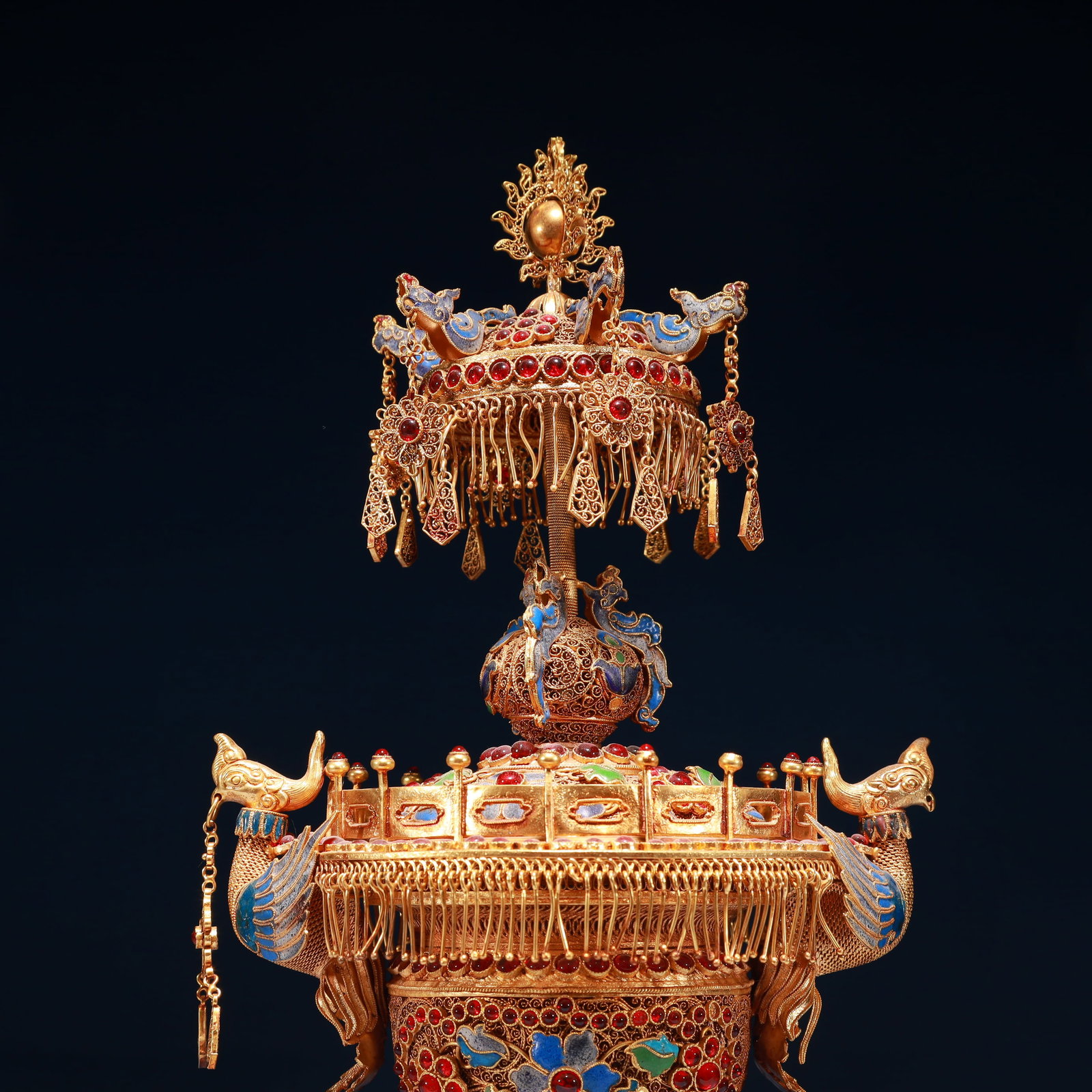 An Exquisite Filigree and Gilding Flower Pattern Double-Ears Ornament,Inlaid Gems - 2
