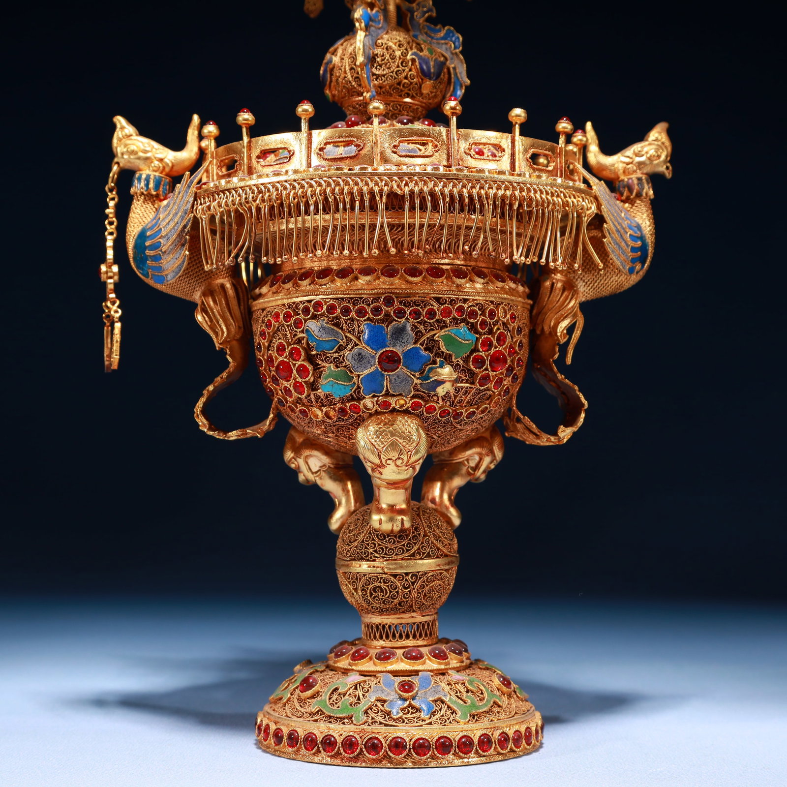 An Exquisite Filigree and Gilding Flower Pattern Double-Ears Ornament,Inlaid Gems - 3