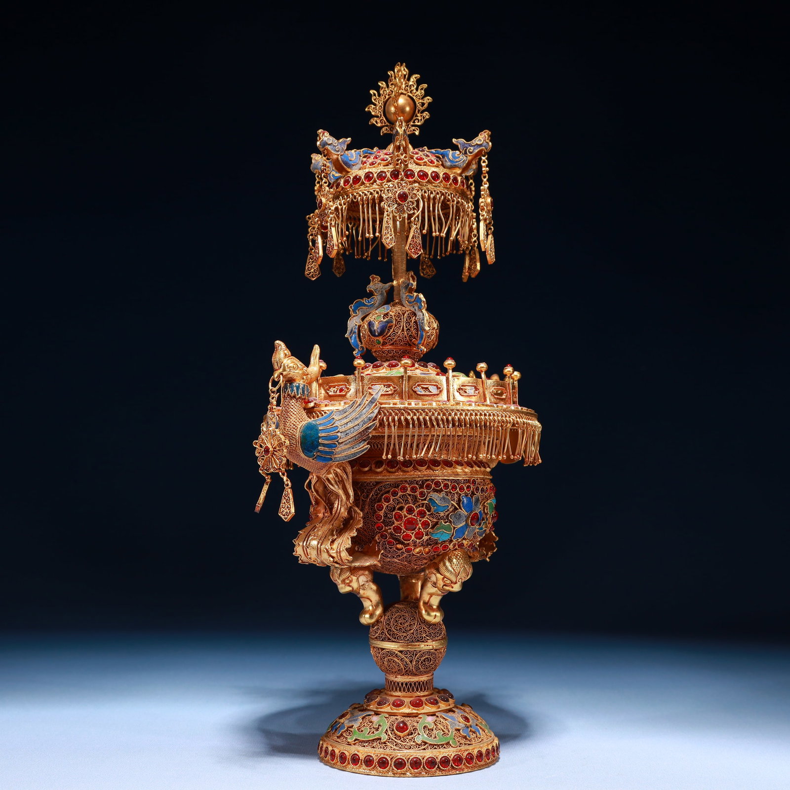 An Exquisite Filigree and Gilding Flower Pattern Double-Ears Ornament,Inlaid Gems - 4