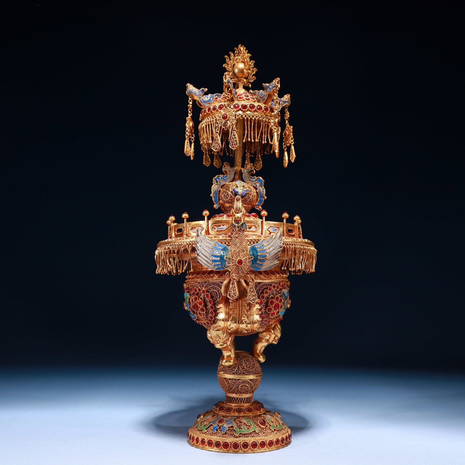 An Exquisite Filigree and Gilding Flower Pattern Double-Ears Ornament,Inlaid Gems - 5