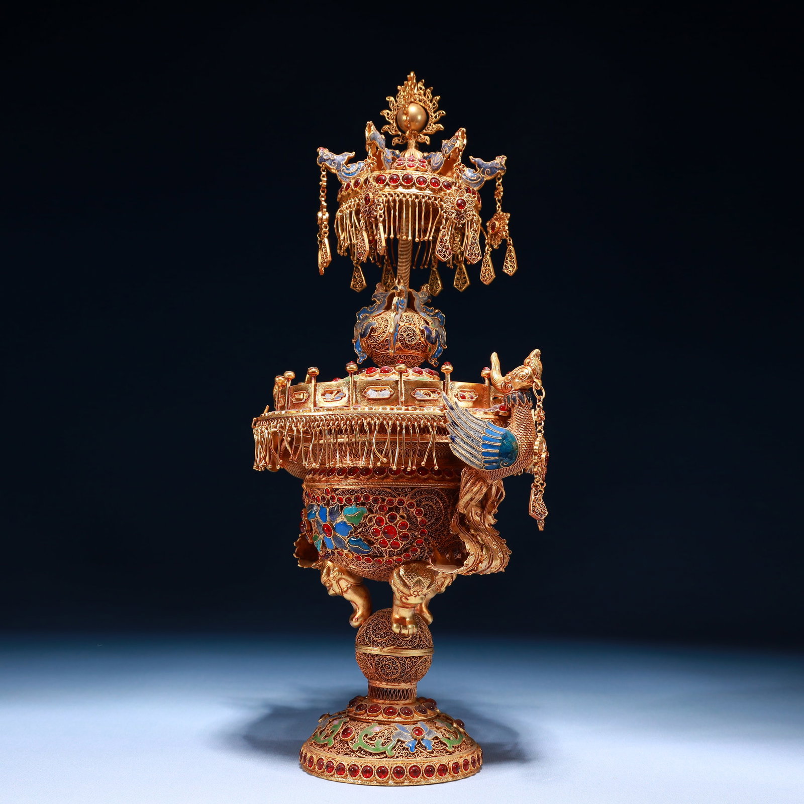 An Exquisite Filigree and Gilding Flower Pattern Double-Ears Ornament,Inlaid Gems - 6