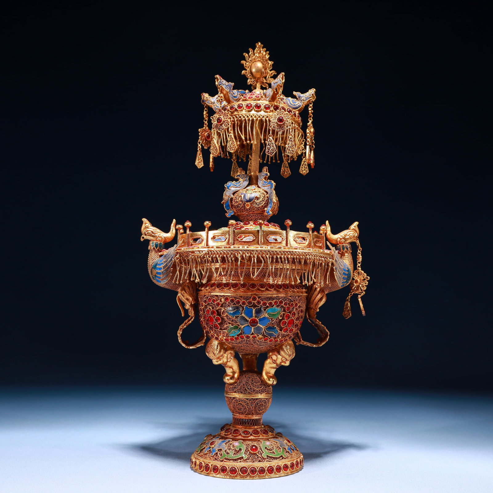 An Exquisite Filigree and Gilding Flower Pattern Double-Ears Ornament,Inlaid Gems - 7