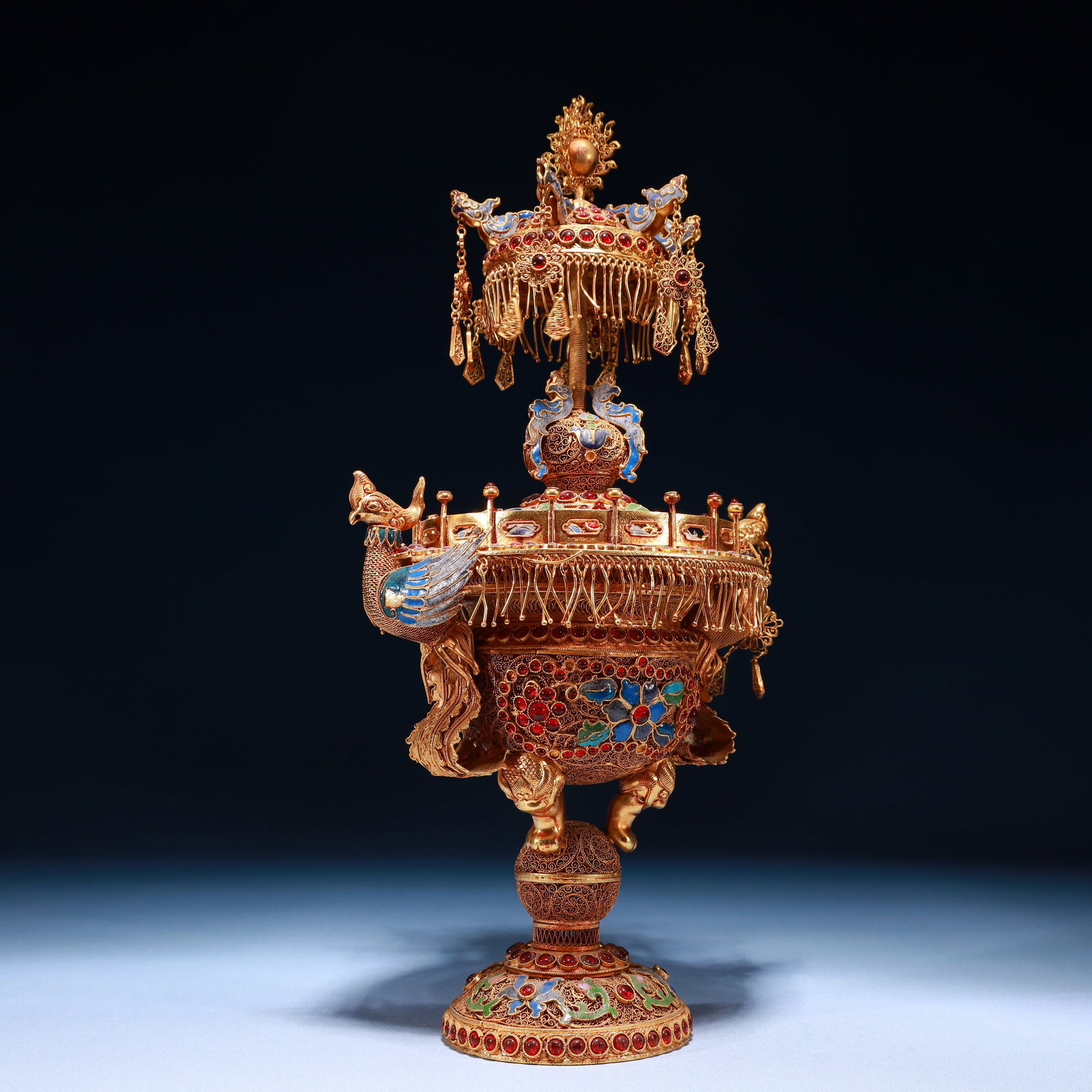 An Exquisite Filigree and Gilding Flower Pattern Double-Ears Ornament,Inlaid Gems - 8