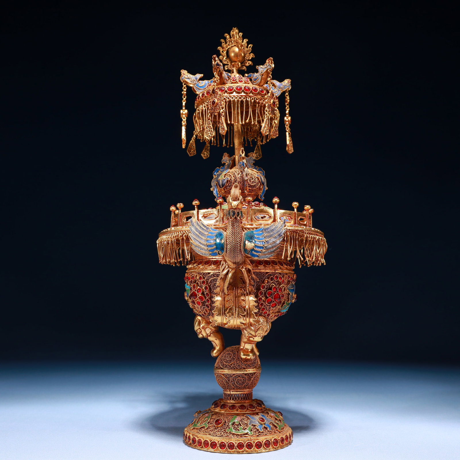 An Exquisite Filigree and Gilding Flower Pattern Double-Ears Ornament,Inlaid Gems - 9