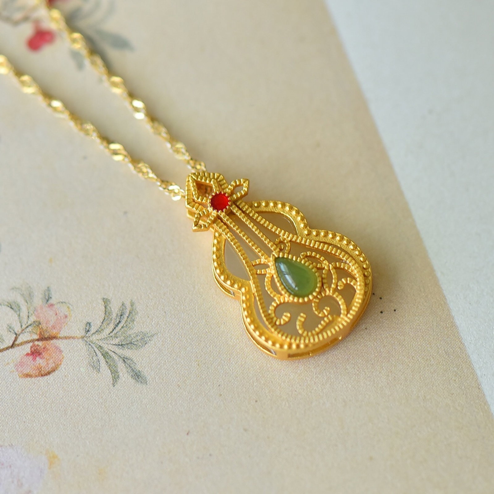 An Exquisite Sterling Silver-Gold Plated Inlaid White Jade Pendant - 3
